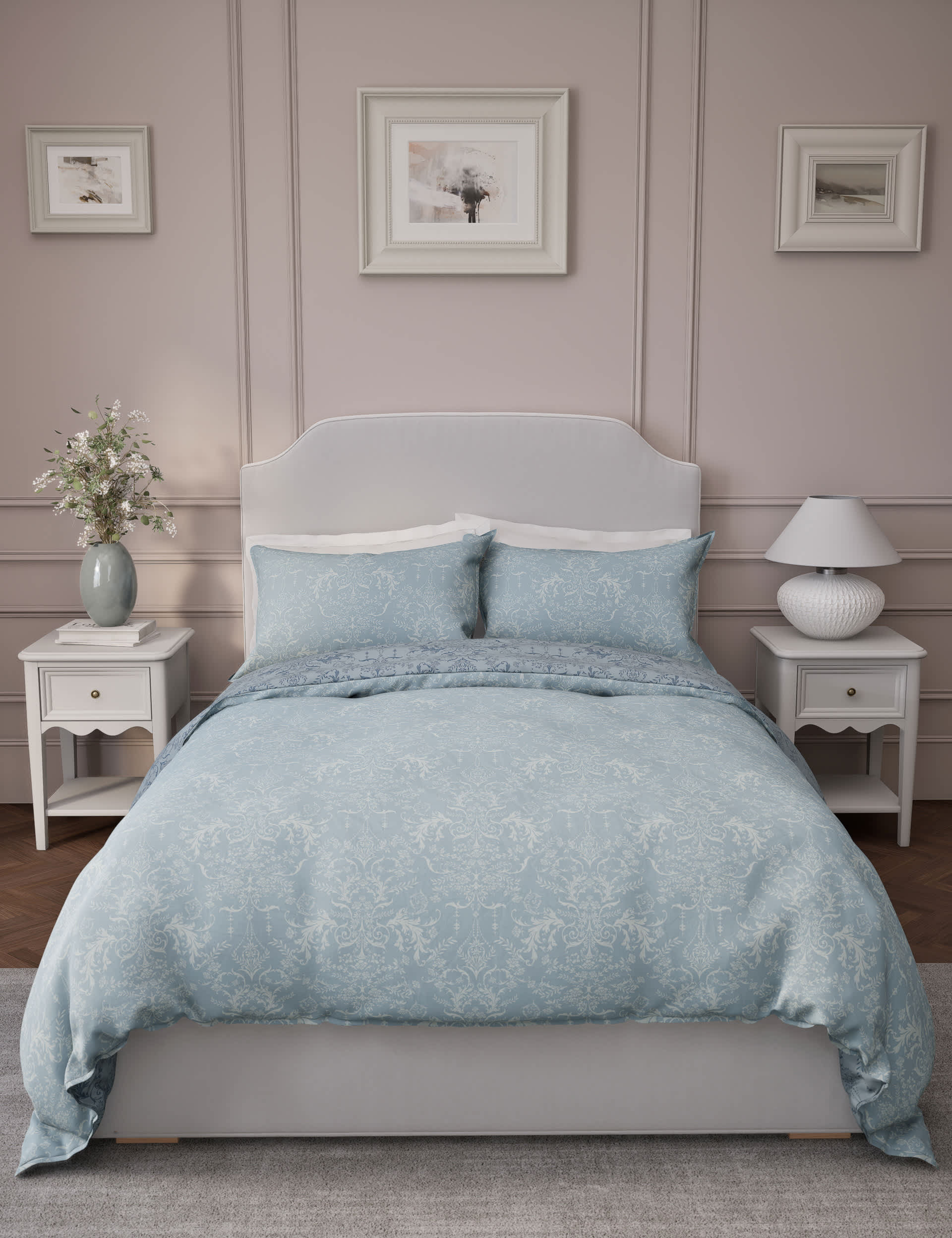 M&S Collection Aida-Alouette Damask Sateen Bedding Set - 6FT - Blue Mix, Blue Mix,Green Mix,Grey Mix