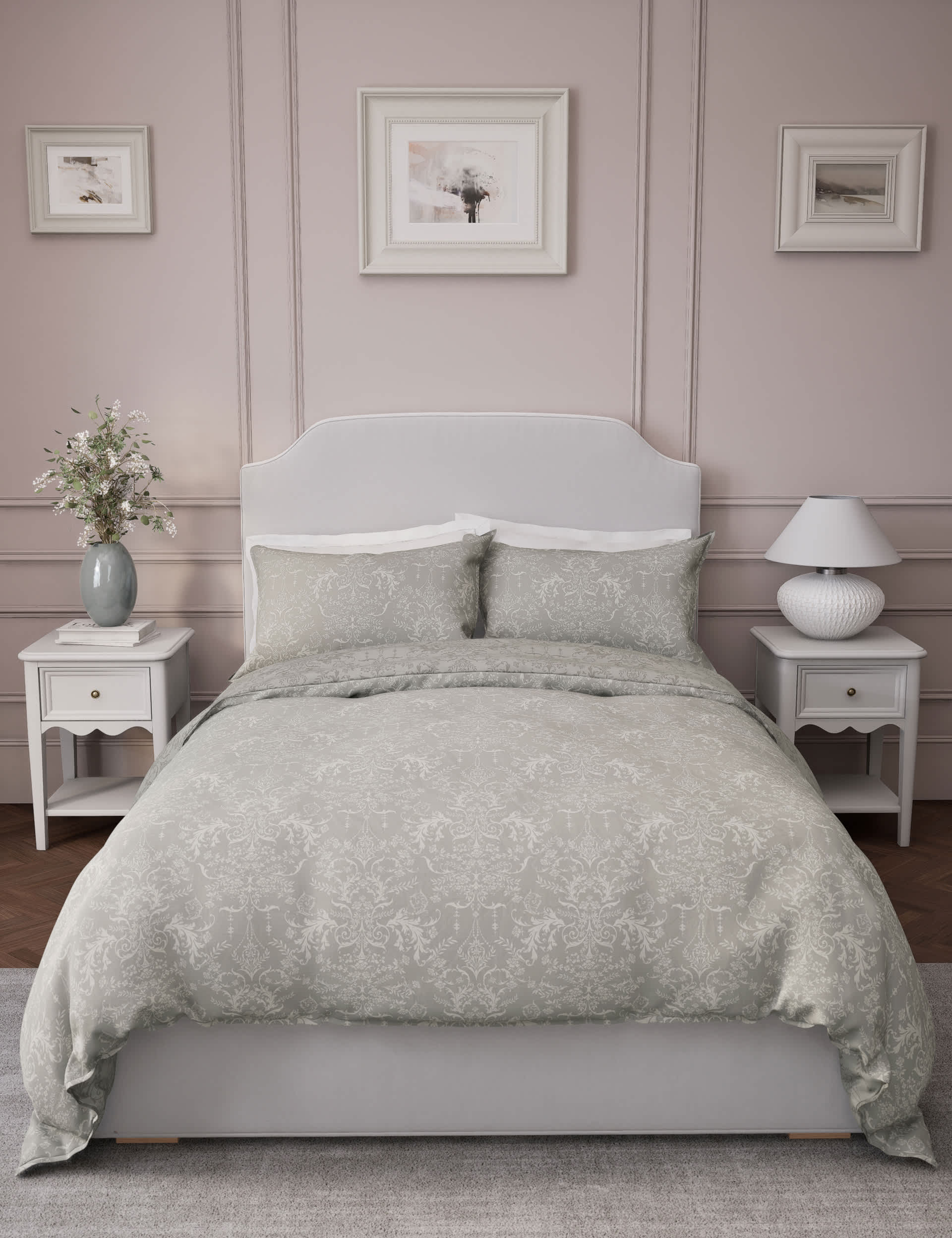 M&S Aida-Alouette Damask Sateen Bedding Set - SGL - Grey Mix, Pink Mix,Grey Mix,Blue Mix,Green Mix