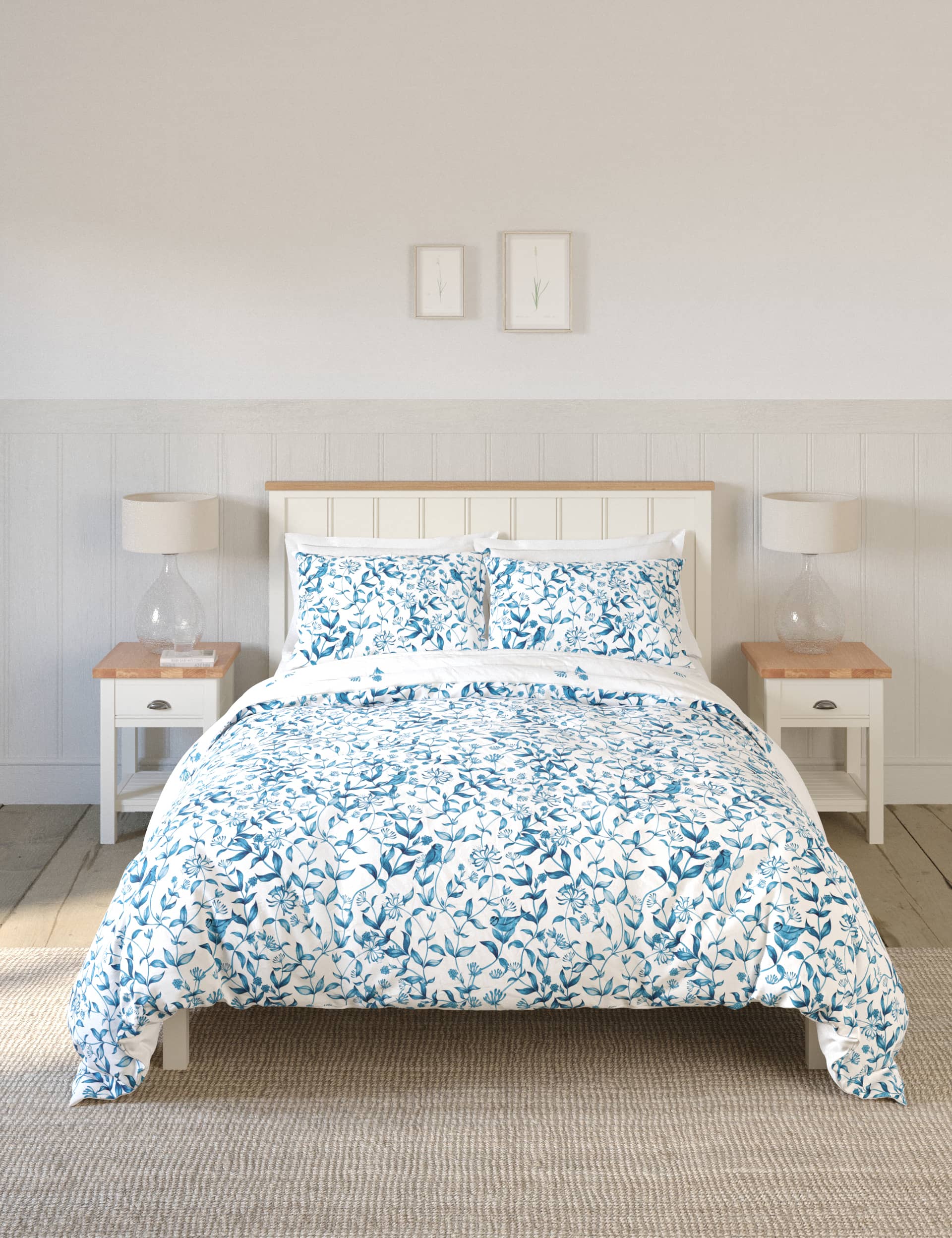 M&S Pure Cotton Trailing Leaf Bedding Set - SGL - Blue Mix, Blue Mix