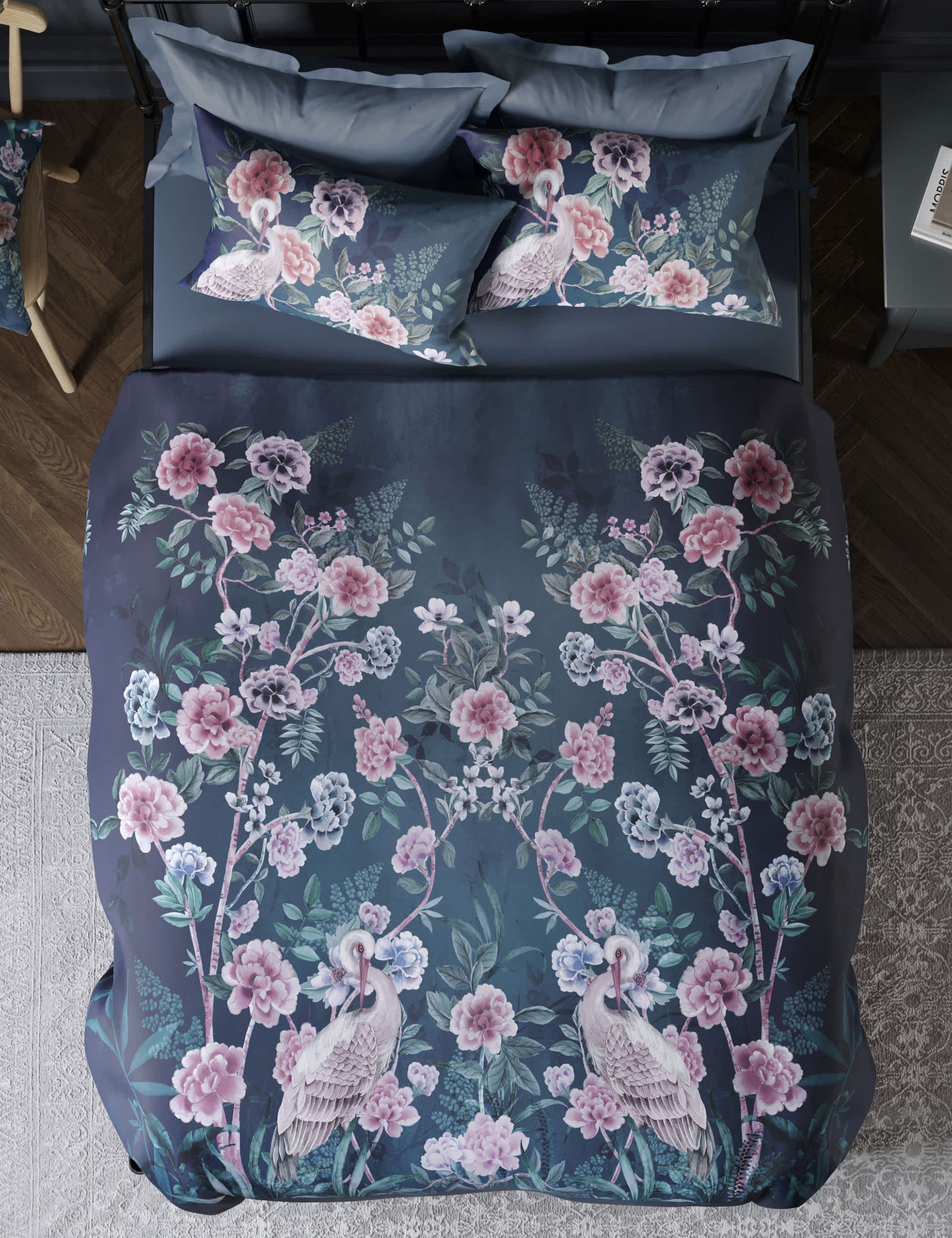 M&S Flora Chinoiserie Sateen Bedding Set - 5FT - Navy Mix, Navy Mix,Pink Mix