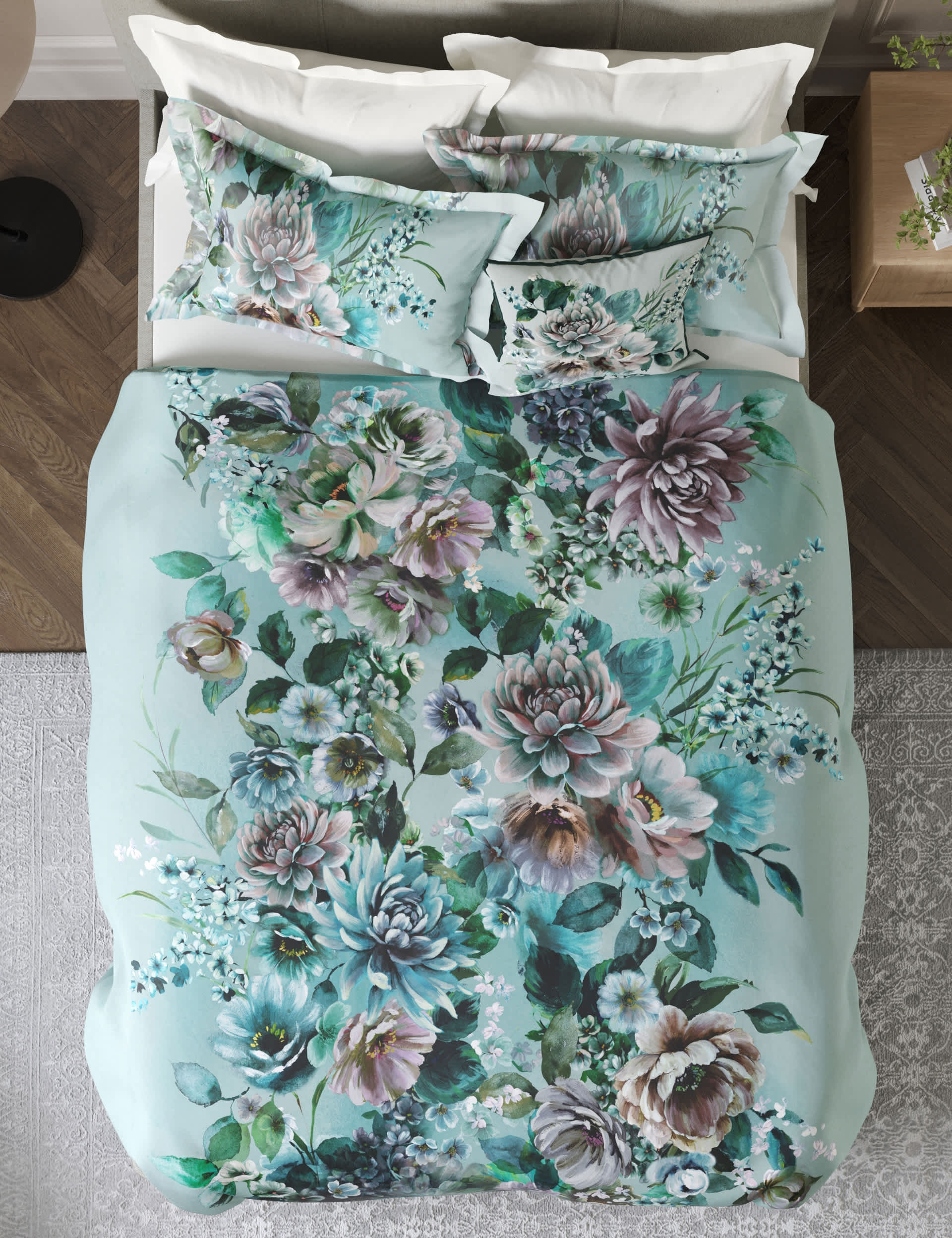 M&S Blossom Floral Sateen Bedding Set - 5FT - Duck Egg, Duck Egg