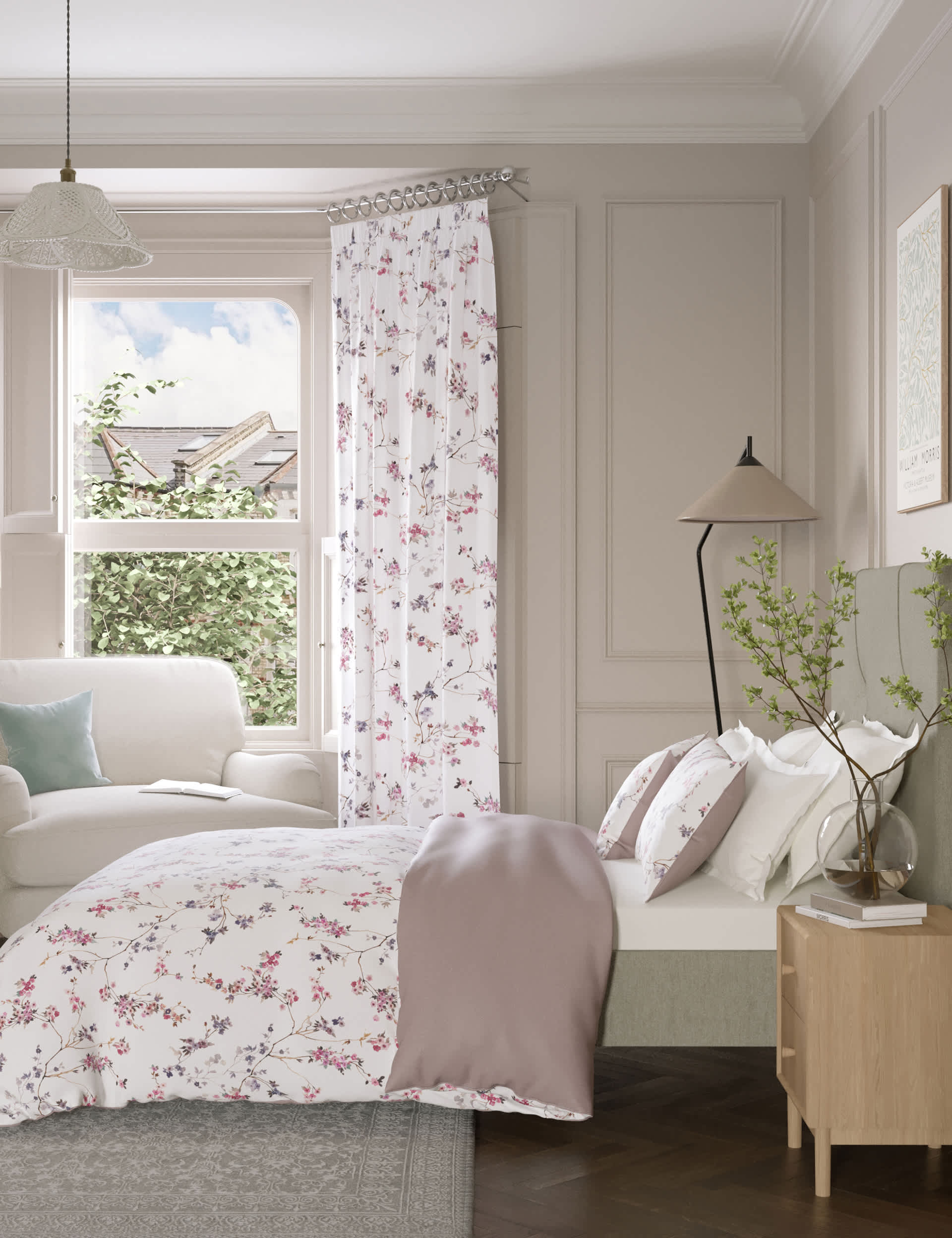 M&S Pure Cotton Sateen Trailing Cherry Blossom Bedding Set - 6FT - Pink Mix, Green Mix,Pink Mix