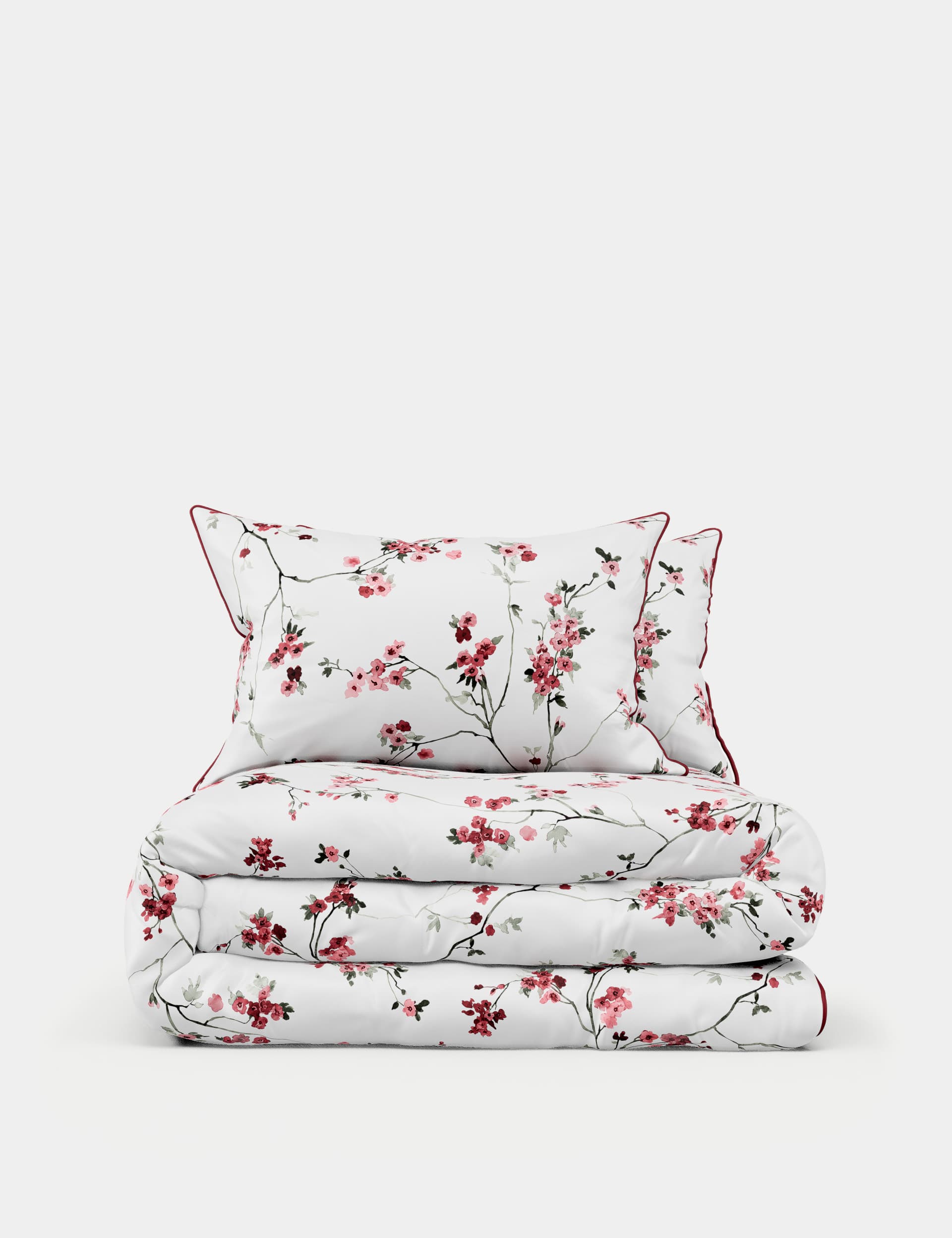 M&S Collection Pure Cotton Sateen Trailing Cherry Blossom Bedding Set - 6FT - Cranberry, Pink Mix,Gr