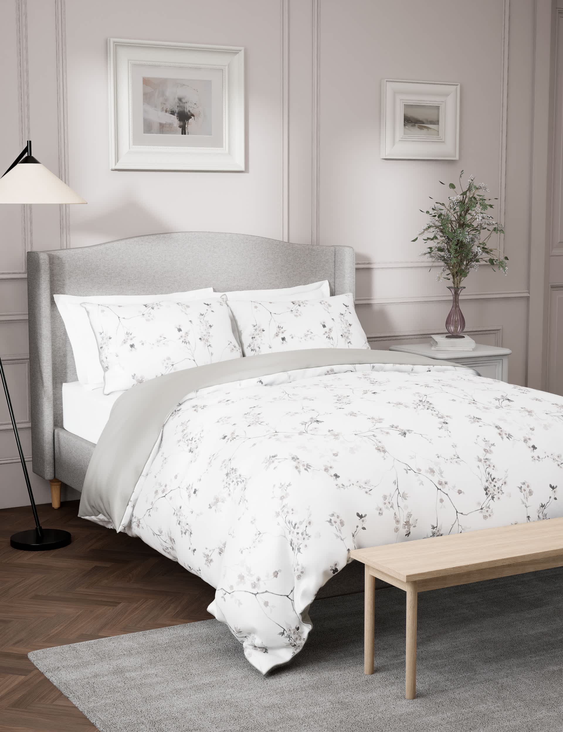 M&S Pure Cotton Sateen Trailing Cherry Blossom Bedding Set - SGL - Grey Mix, Pink Mix,Grey Mix