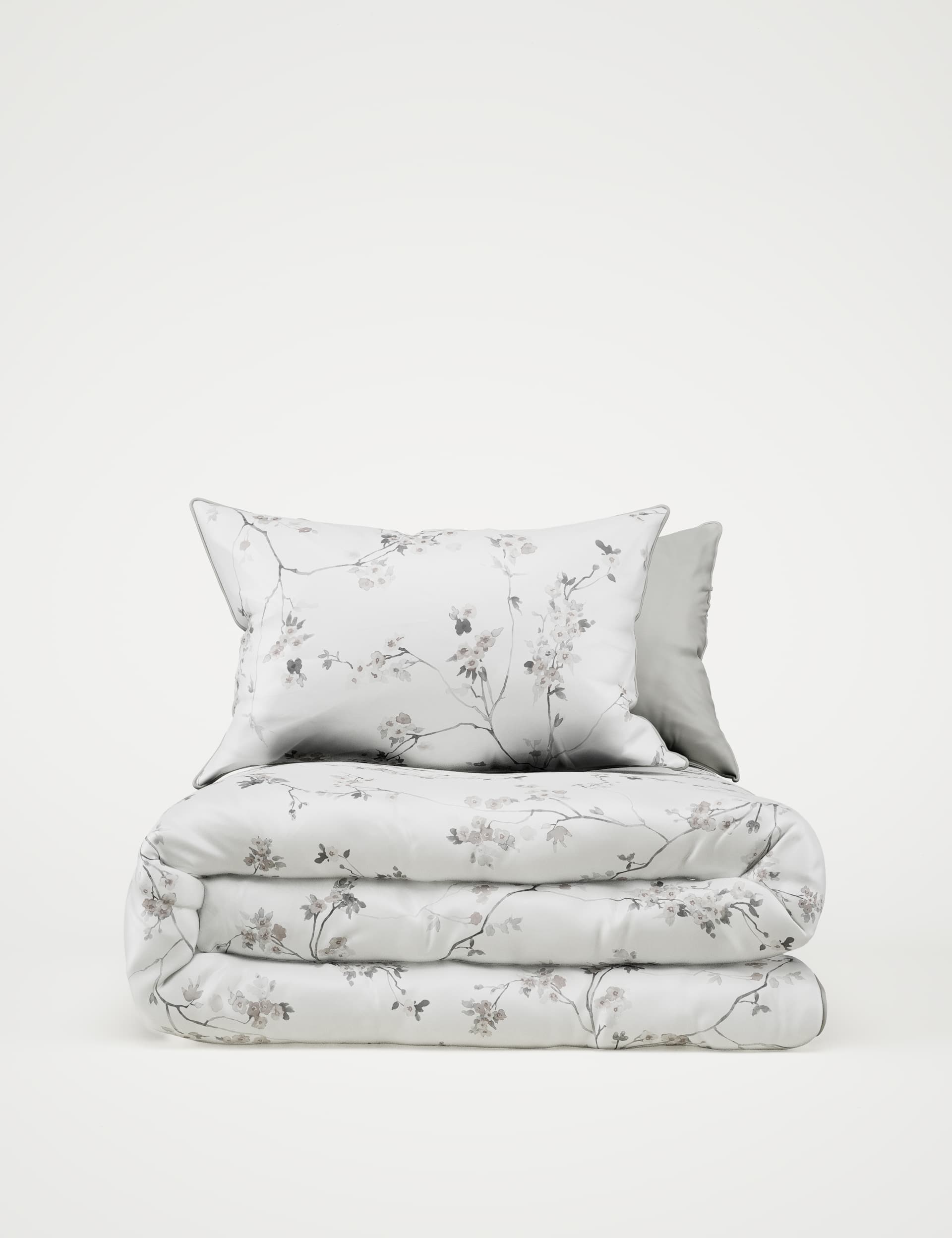 M&S Collection Pure Cotton Sateen Trailing Cherry Blossom Bedding Set - SGL - Grey Mix, Cranberry,Pi