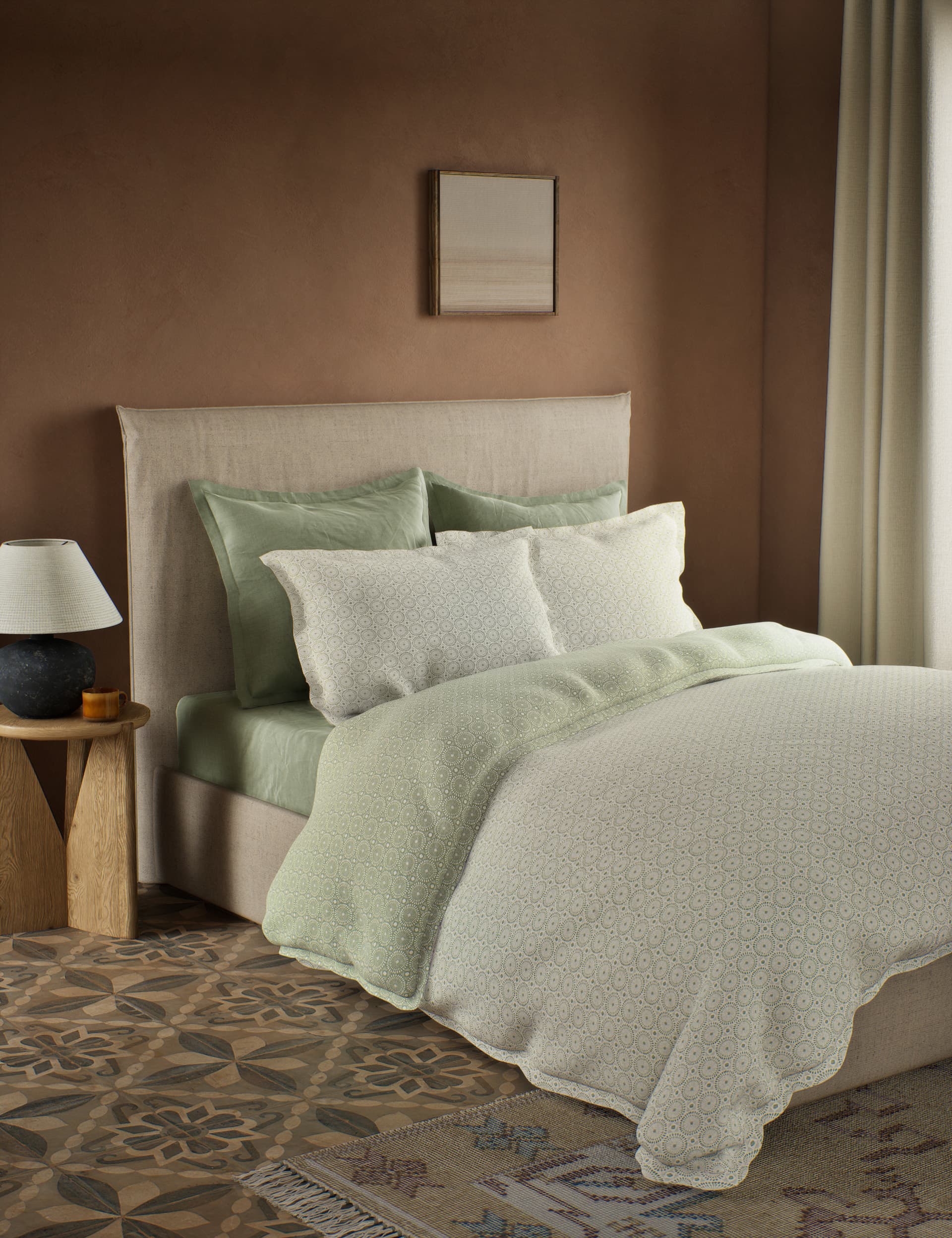 M&S X Fired Earth Seville Sidonia Brushed Cotton Bedding Set - DBL - Weald Green, Weald Green,Malm