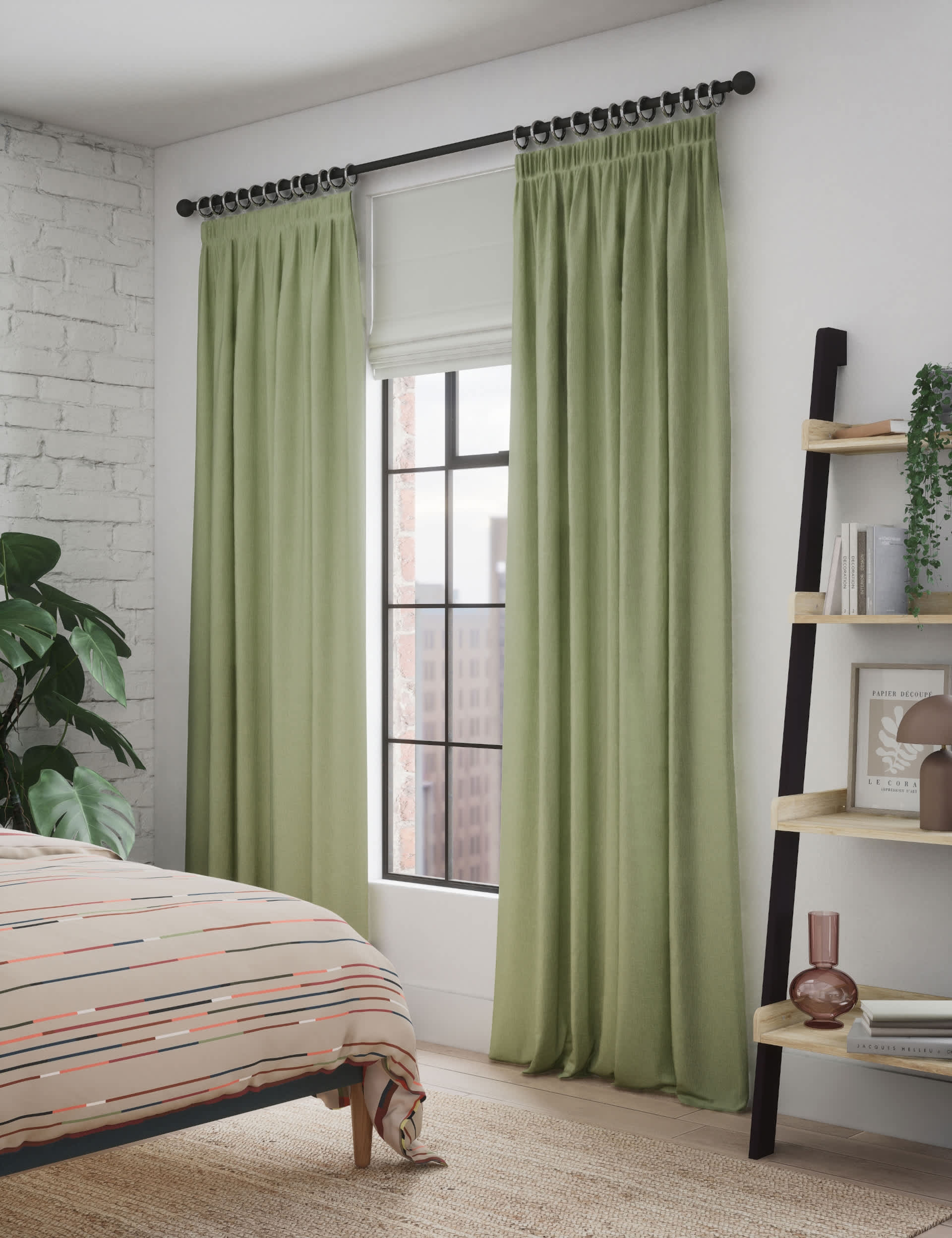 M&S Pure Cotton Pencil Pleat Curtains - EW90 - Green, Green,Clay