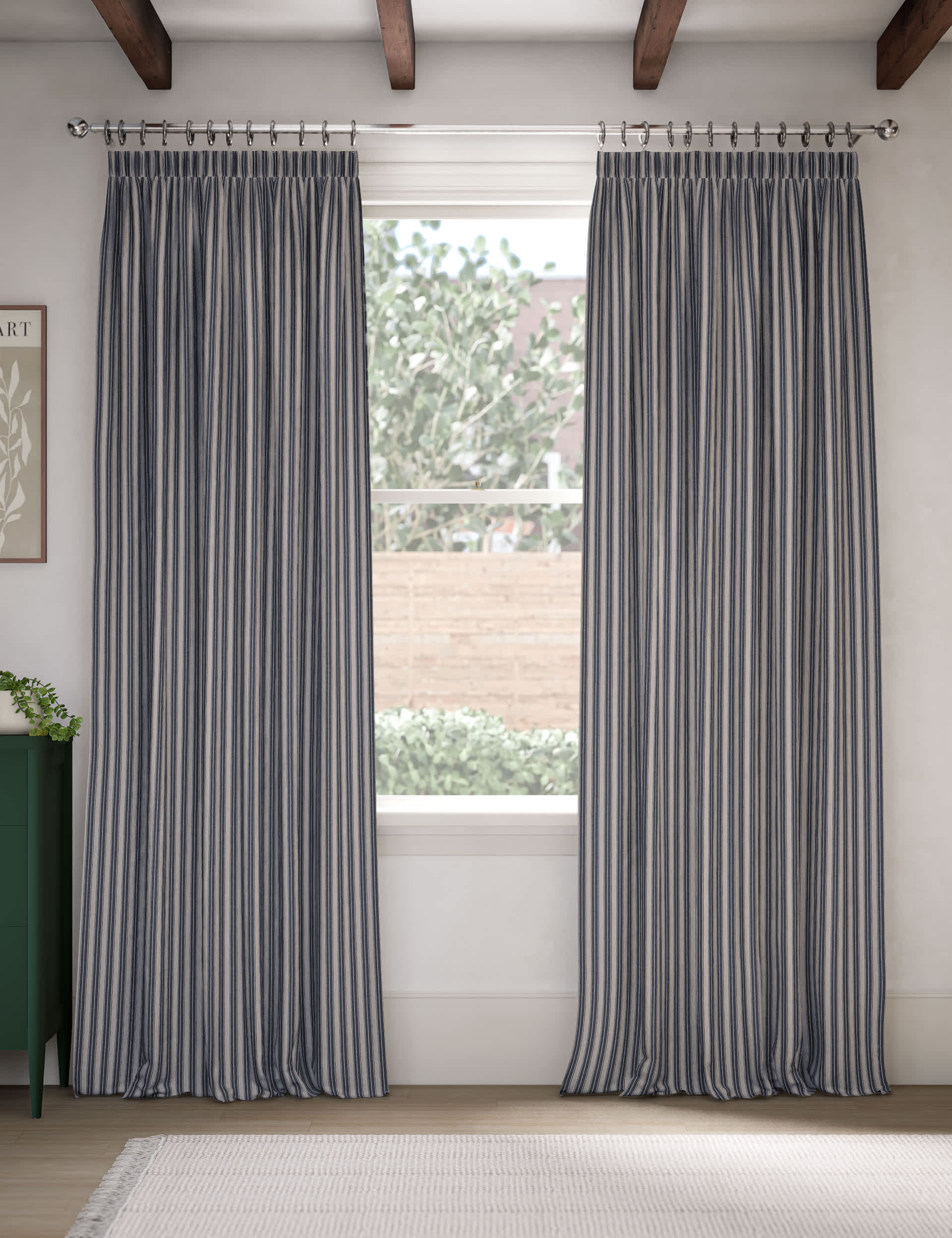 M&S Collection Cotton Rich Striped Pencil Pleat Curtains - NAR54 - Blue Mix, Neutral,Blue Mix