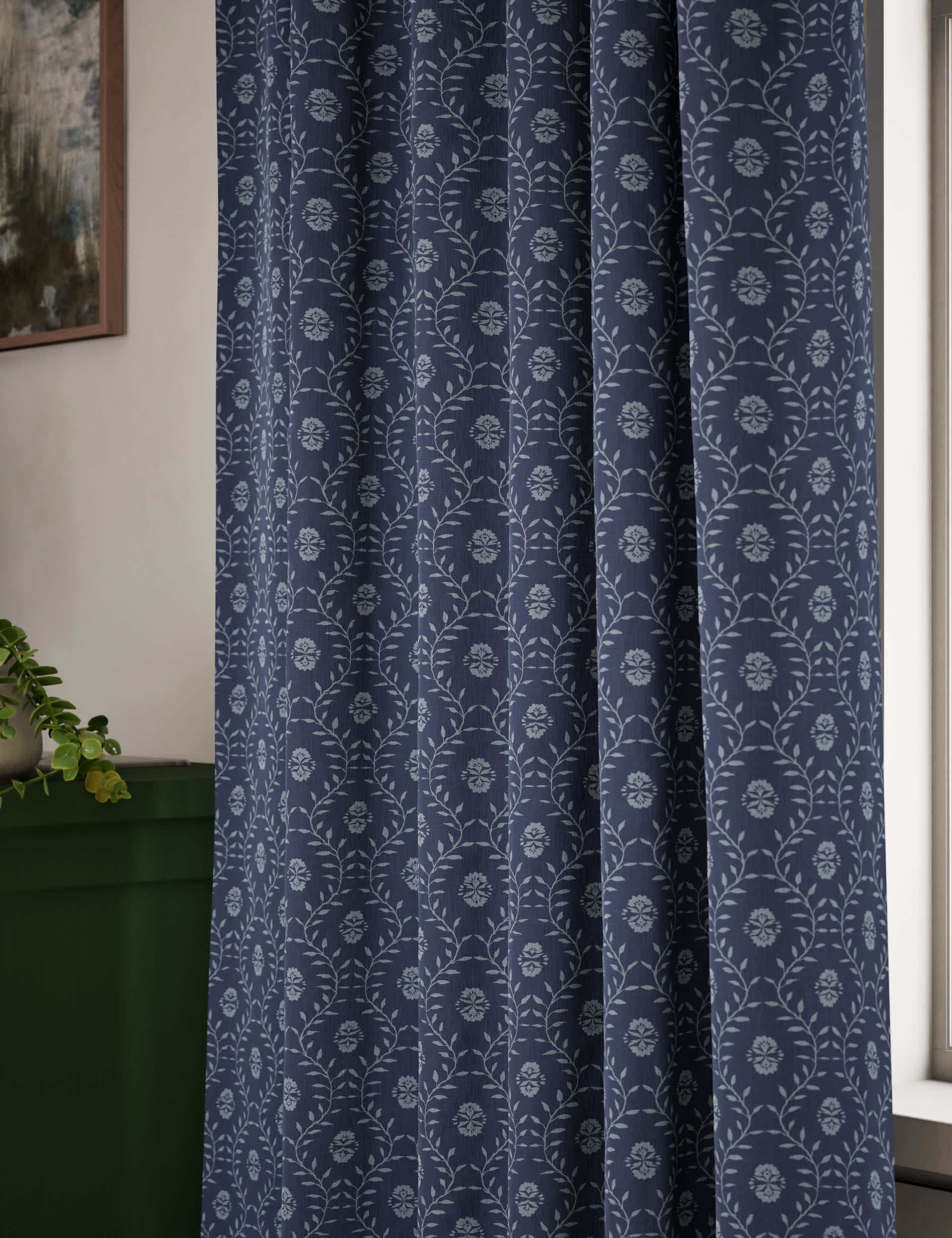 M&S Collection Pure Cotton Leaf Pencil Pleat Curtains - EW90 - Blue Mix, Natural Mix,Blue Mix