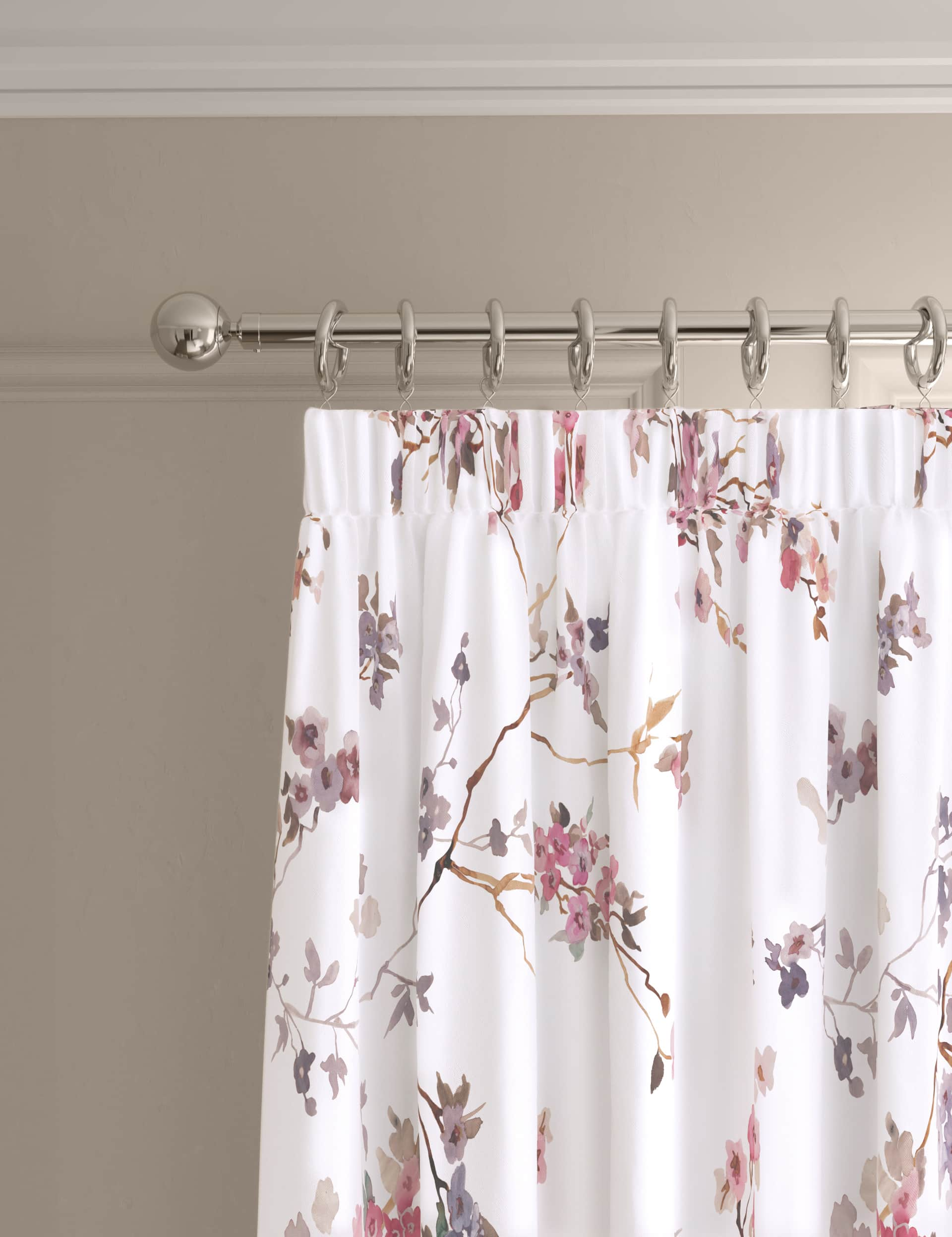 M&S Sateen Cherry Blossom Pencil Pleat Blackout Curtains - EW90 - Ecru, Ecru