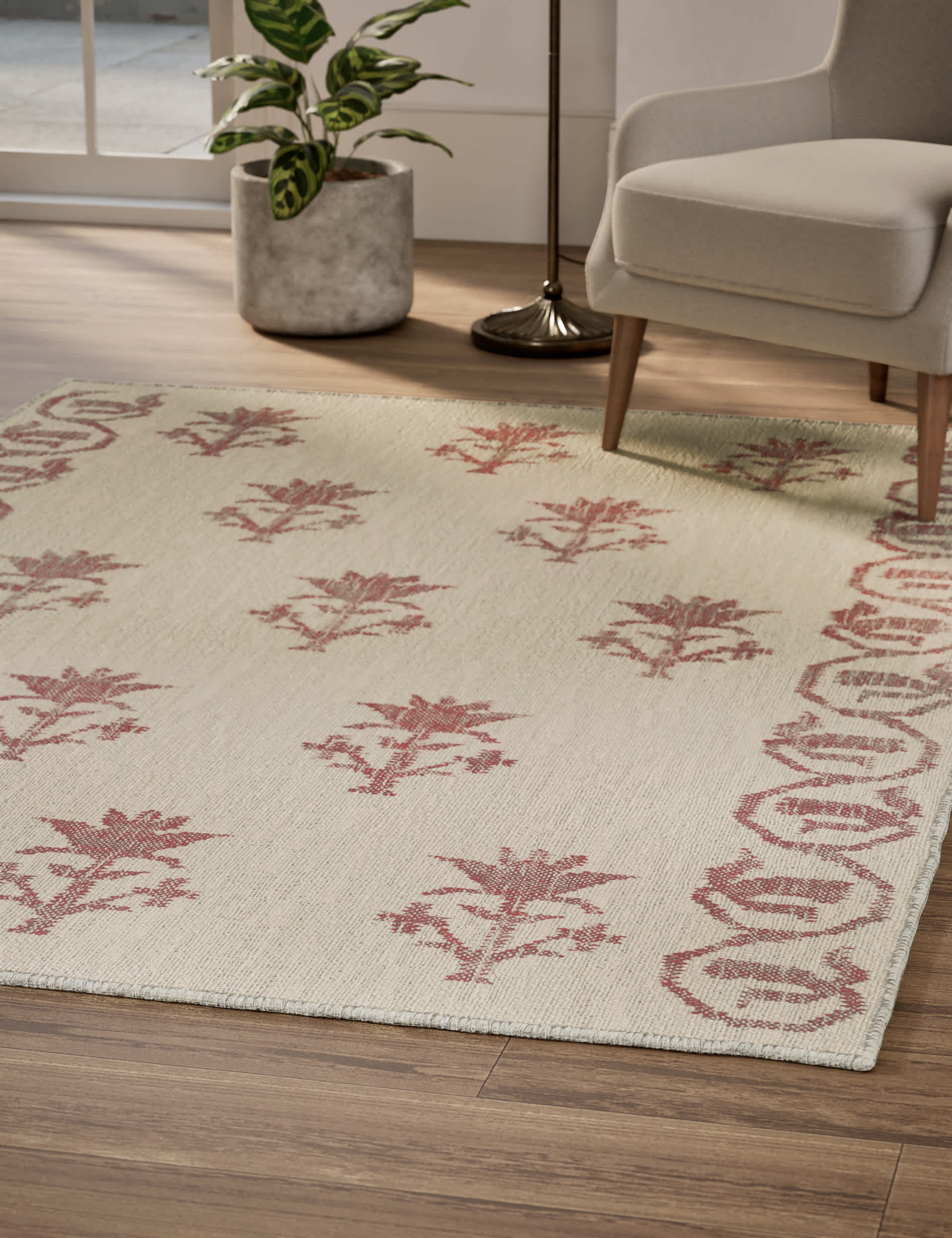 M&S Jute Foral Rug - Large - Red Mix, Red Mix