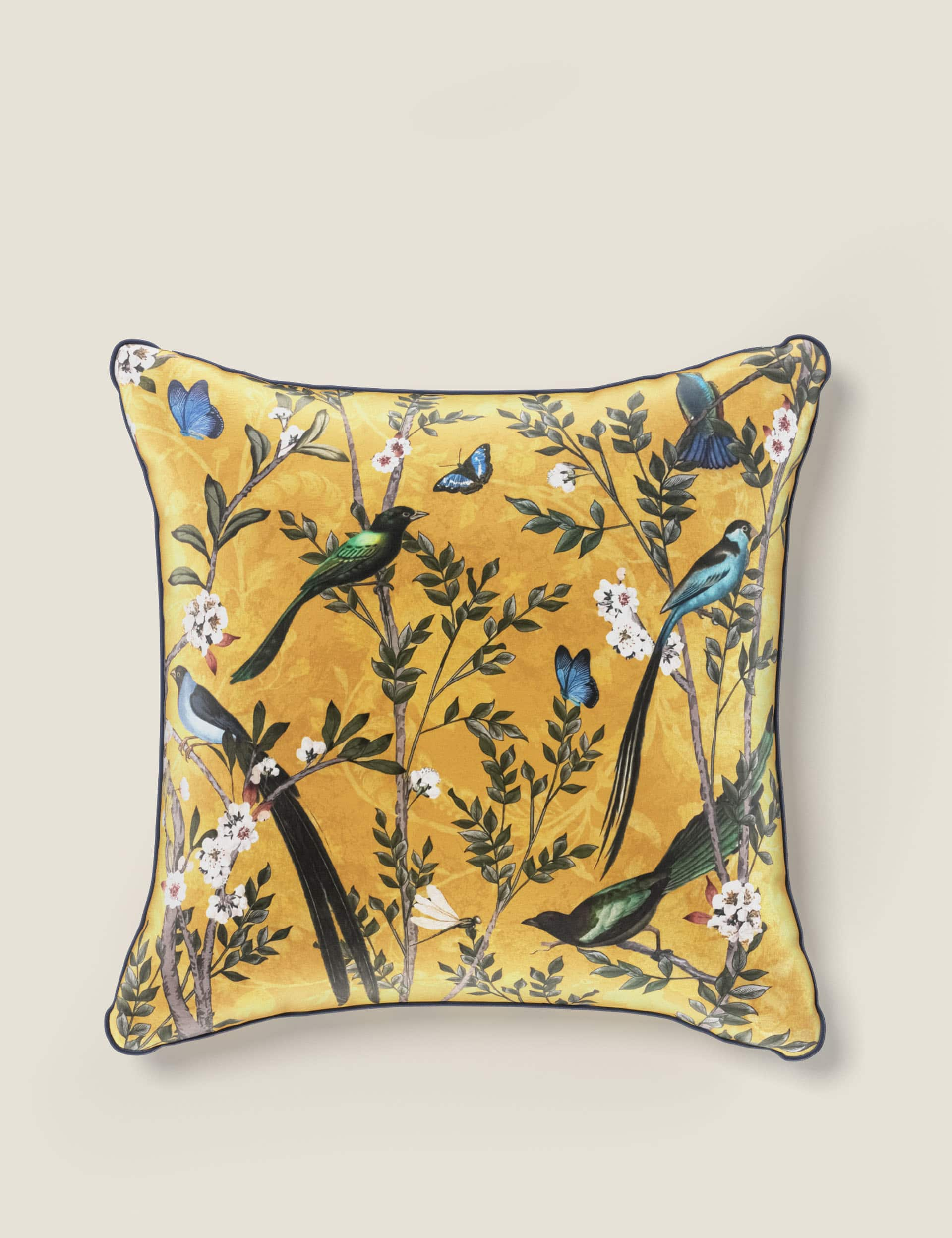 M&S Velvet Spring Bird Cushion - Ochre, Ochre