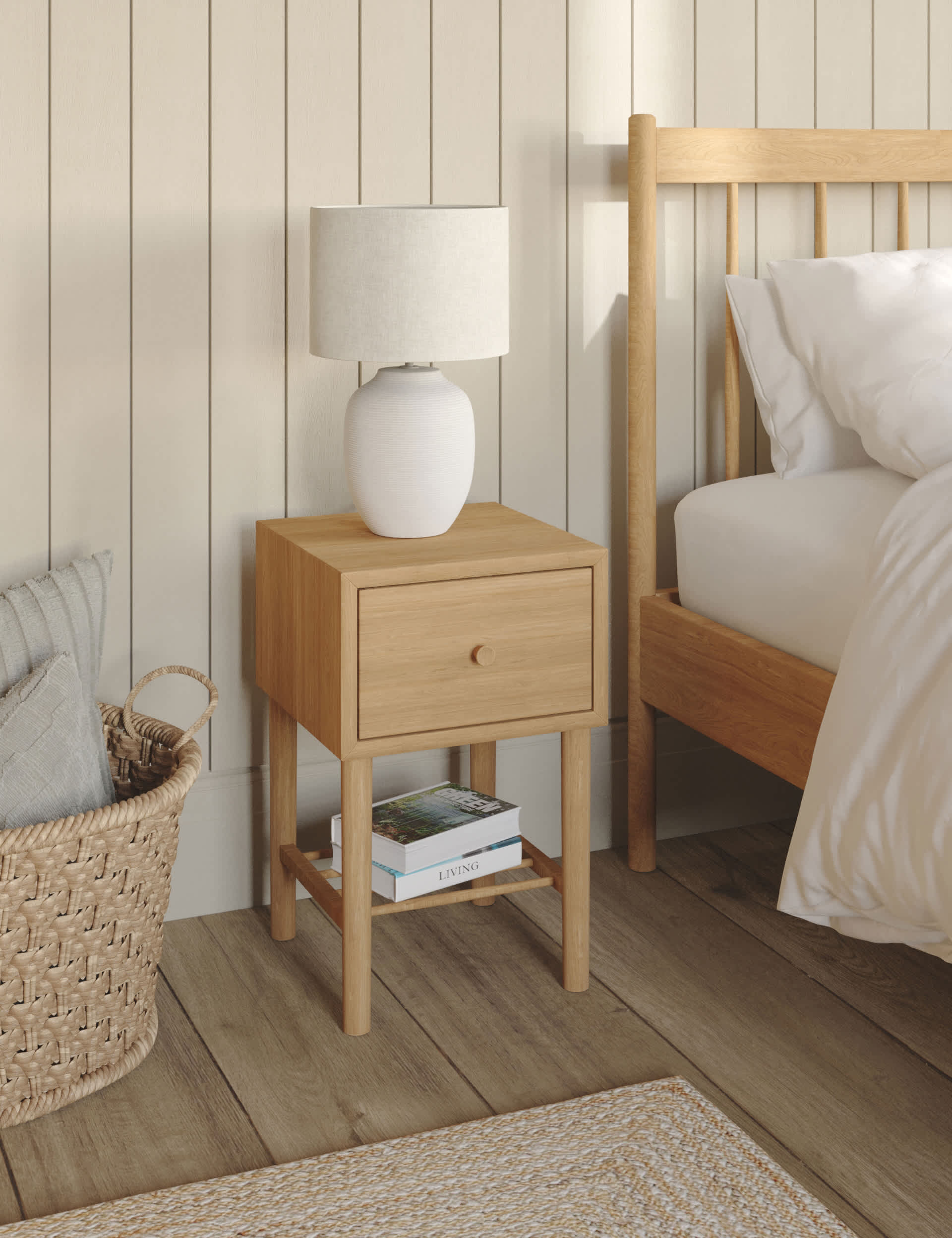 M&S Newark 1 Drawer Slim Bedside Table - Oak, Oak