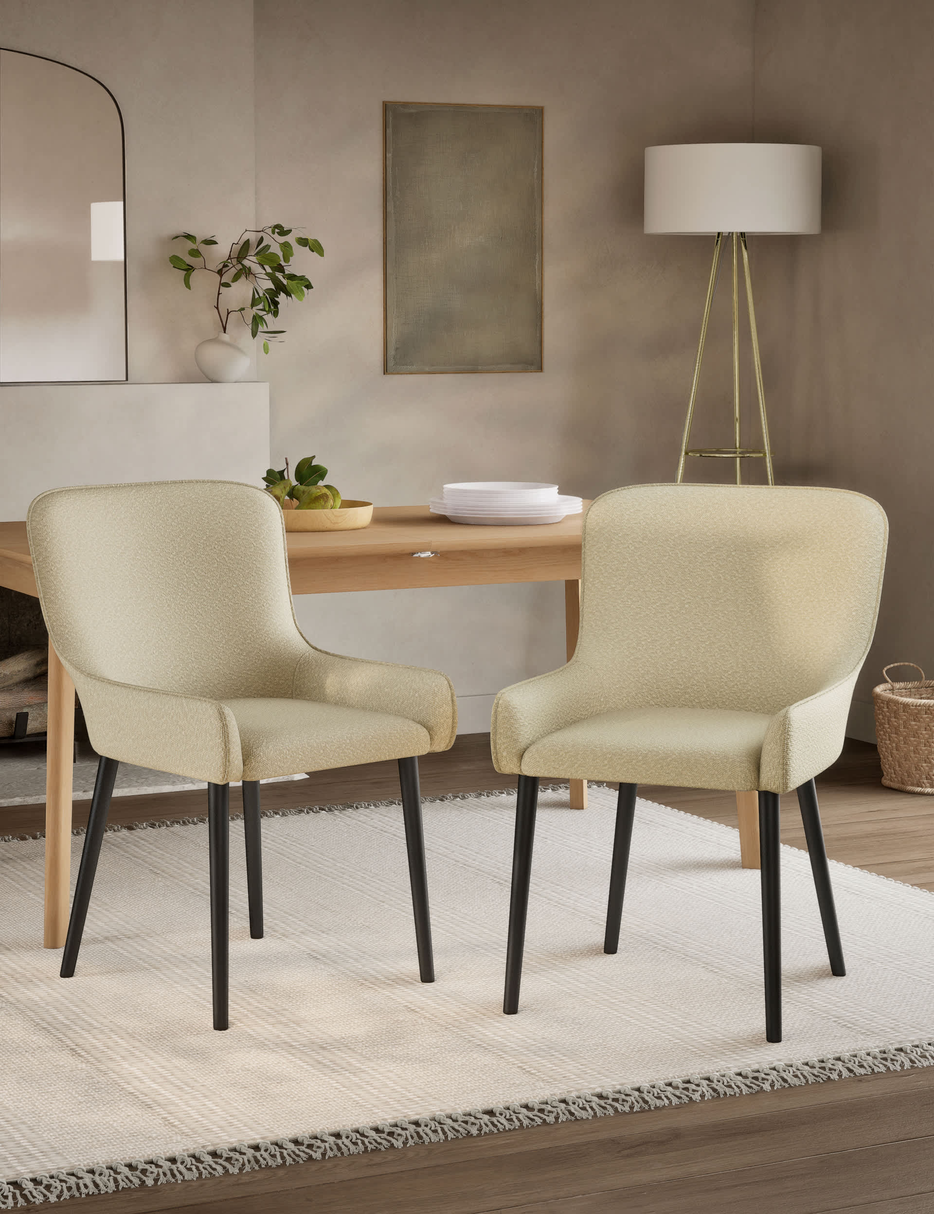 M&S Set of 2 Braxton Boucle Dining Chairs - Soft White, Soft White,Chestnut