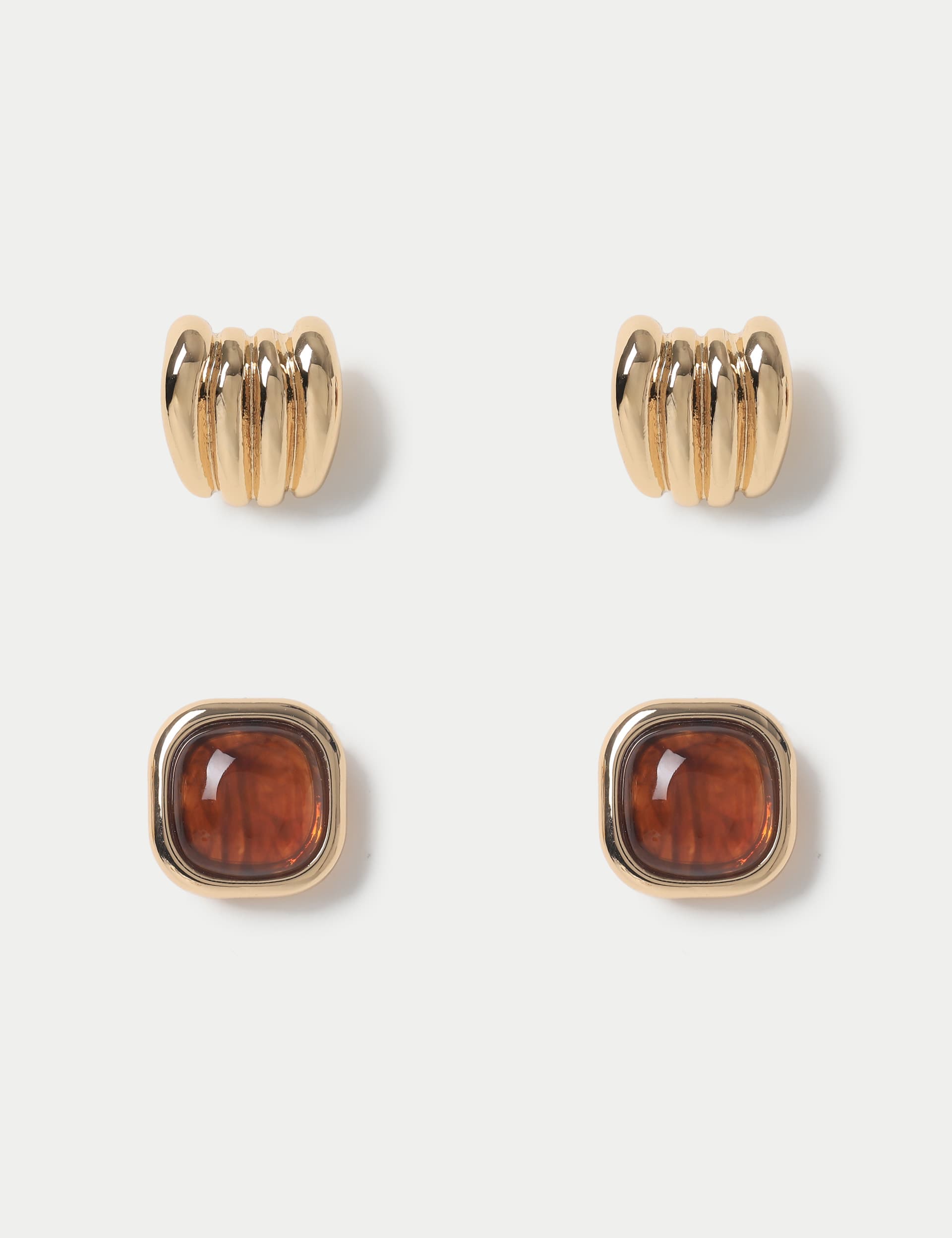 M&S Women's 2 Pack Amber and Gold Tone Stud Earrings