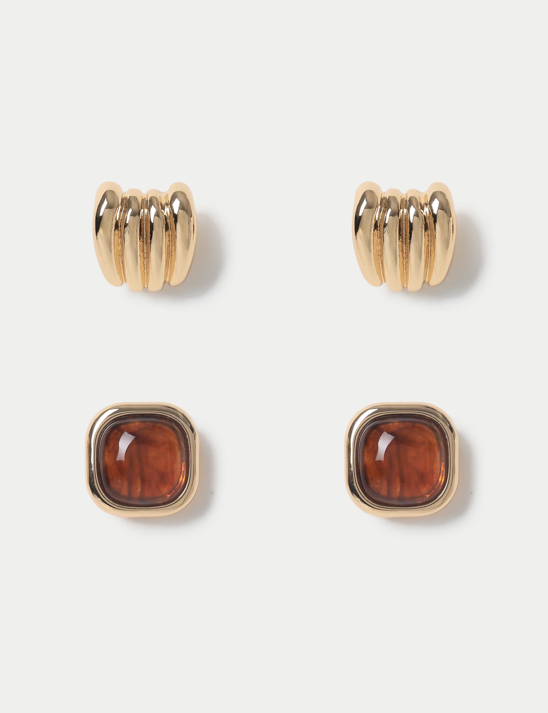 M&S Women's 2 Pack Amber and Gold Tone Stud Earrings - Multi, Multi