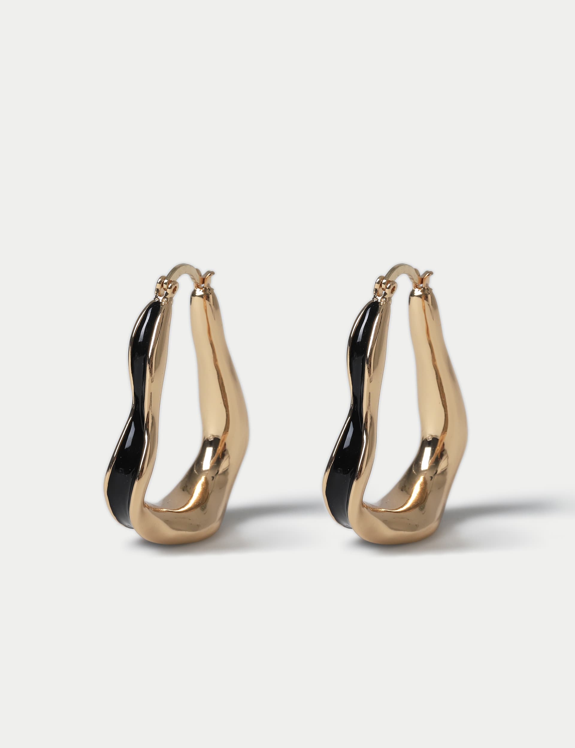 M&S Women's Gold Tone Black Wave Hoop Earring  Black