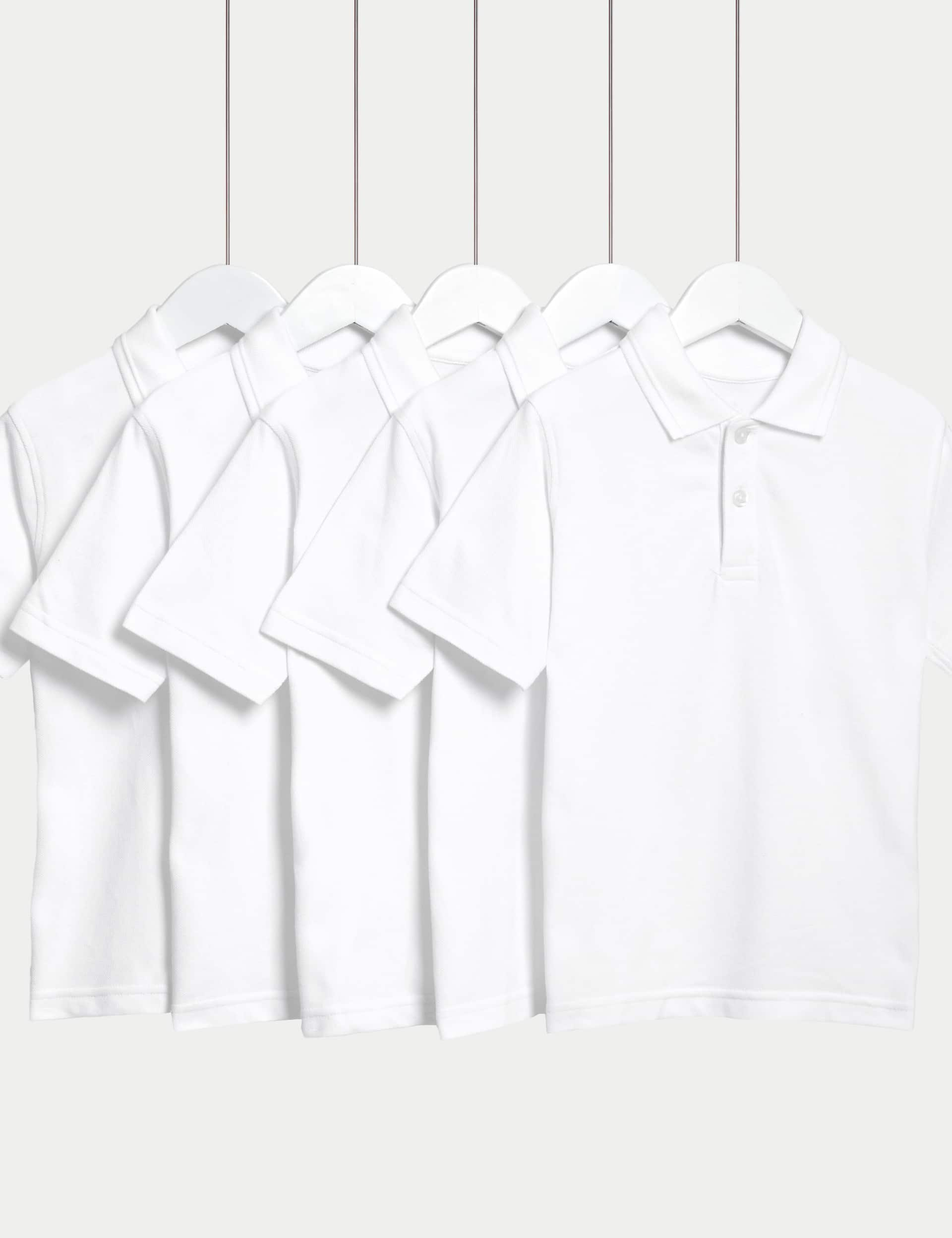 M&S 5pk Unisex Pure Cotton School Polo Shirts (2-18 Yrs) - 5-6 Y - White, White