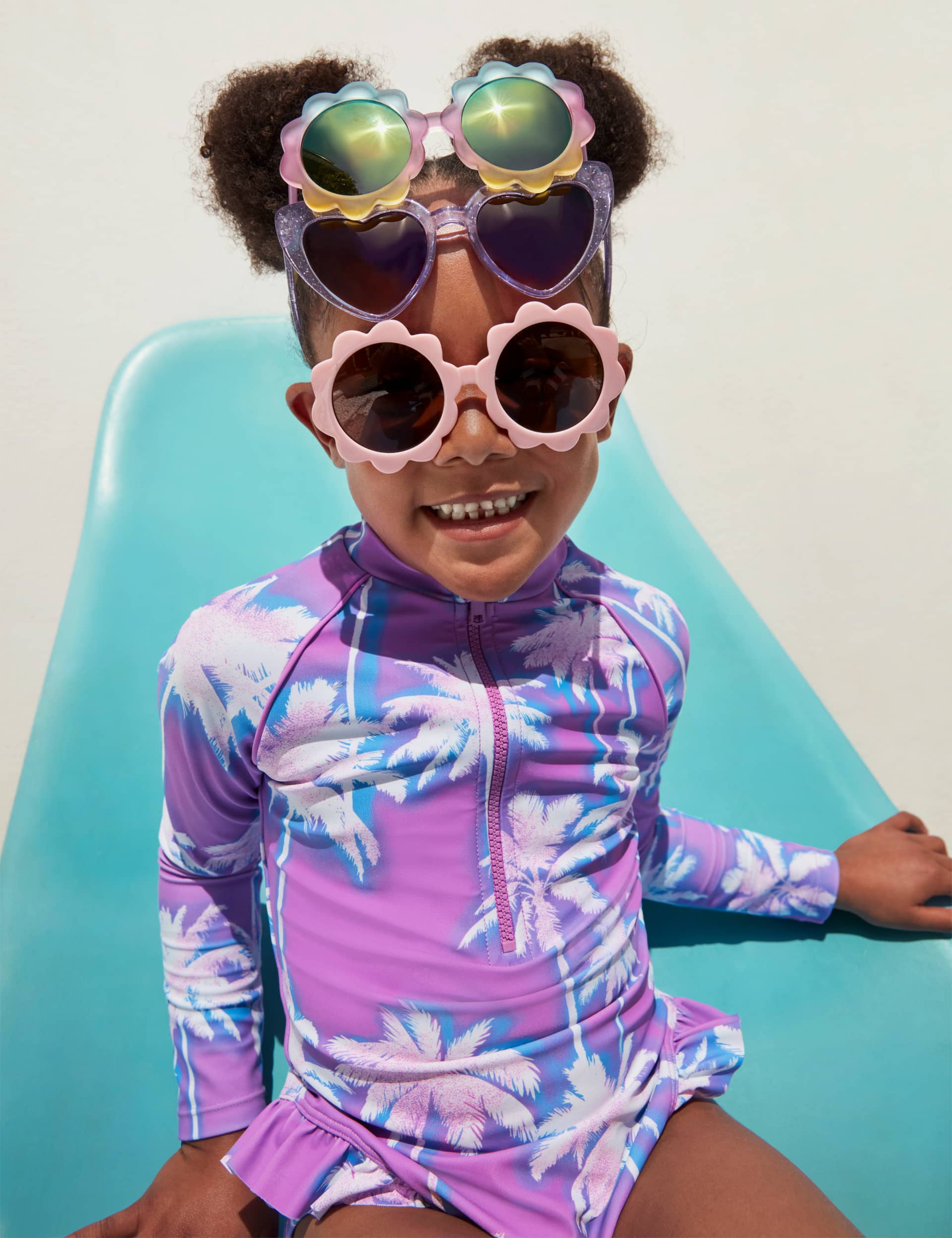 M&S Girls Printed Frill Long Sleeve Swimsuit (2-8 Yrs) - 2-3 Y - Purple Mix, Multi,Purple Mix