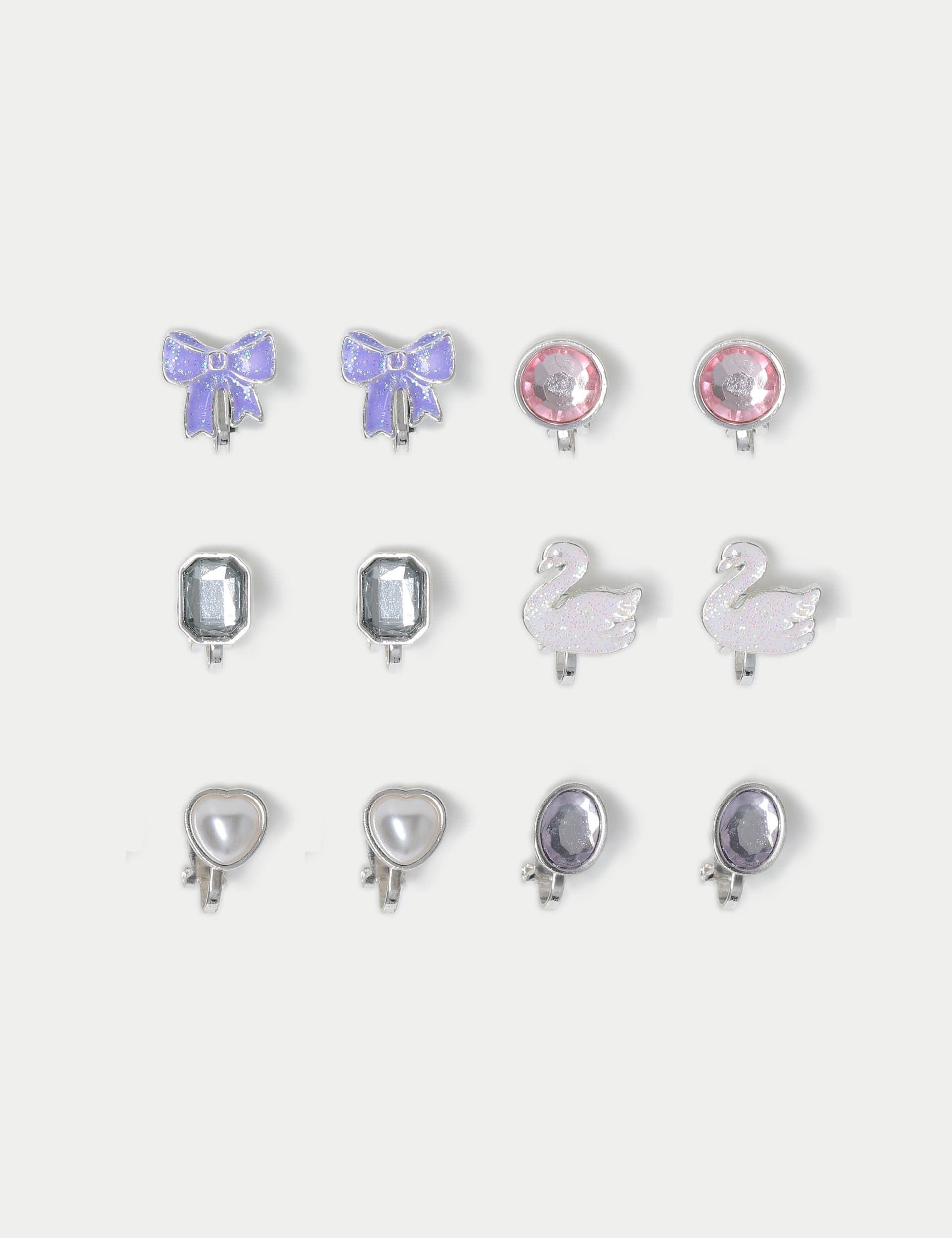 M&S Girls 6 Pack Swan and Bow Clip on Earrings - Multi, Multi