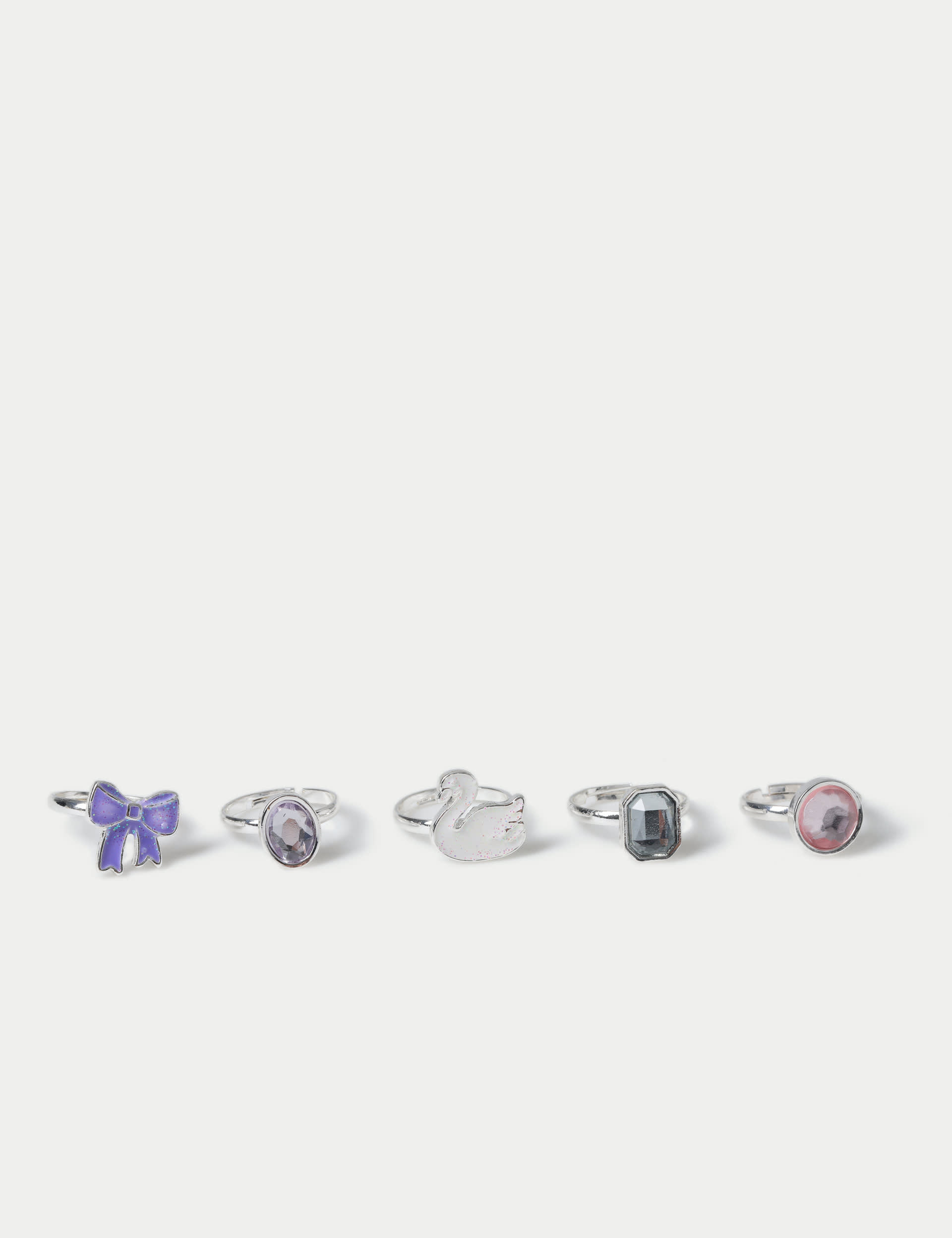 M&S Collection Girls 5 Pack Swan and Bow Rings - Silver, Silver