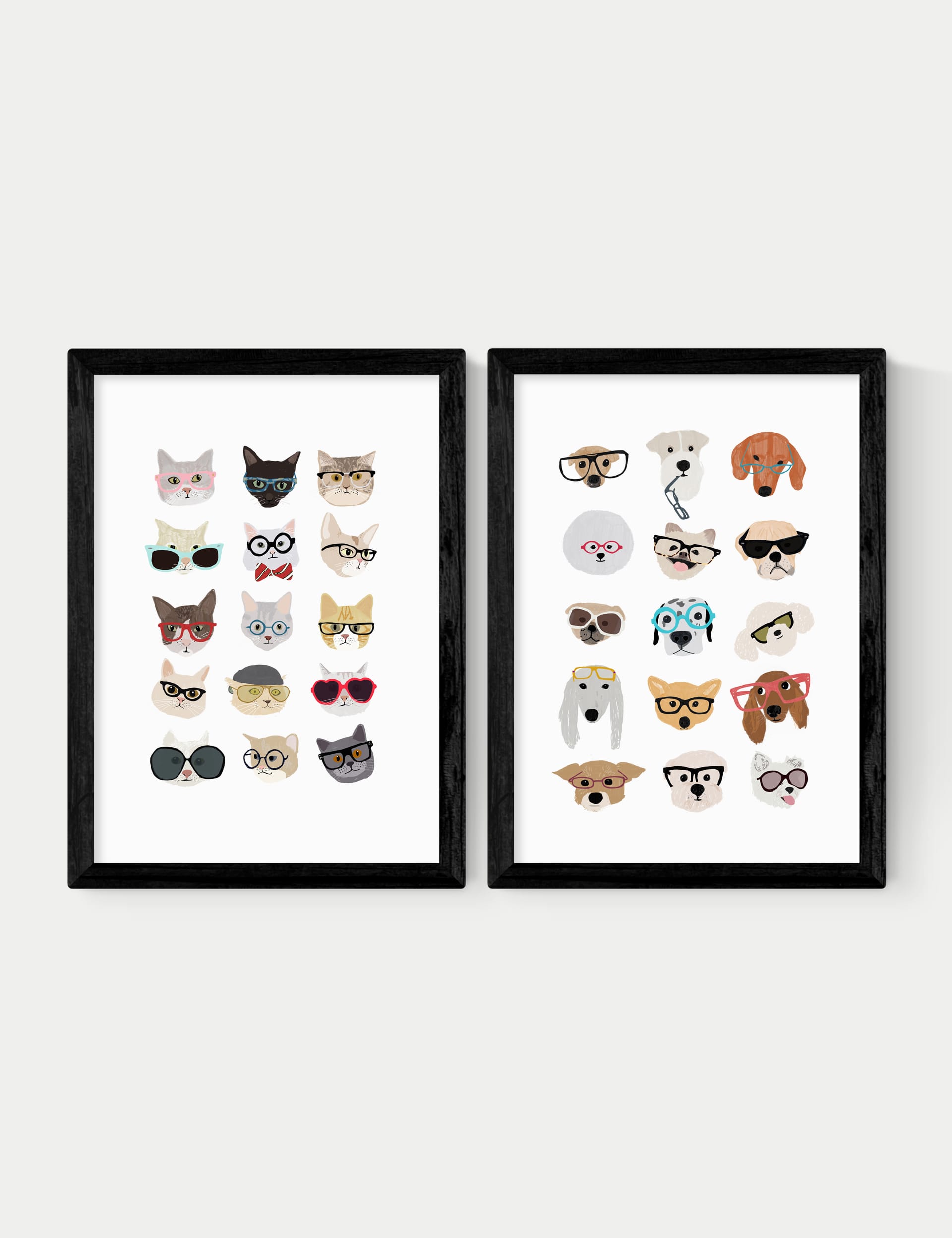 East End Prints Cats & Dogs In Glasses Twin Set Framed Art - A3 - Black, Natural,Black,White