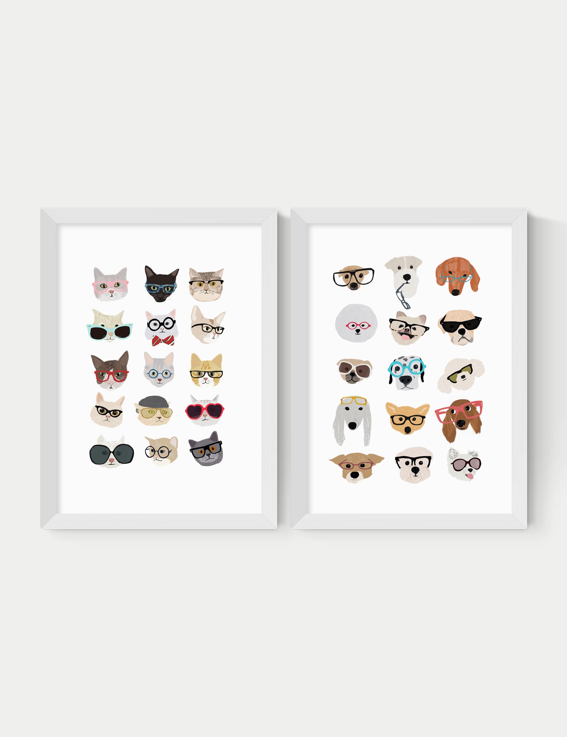 East End Prints Cats & Dogs In Glasses Twin Set Framed Art - A2 - White, Natural,White,Black