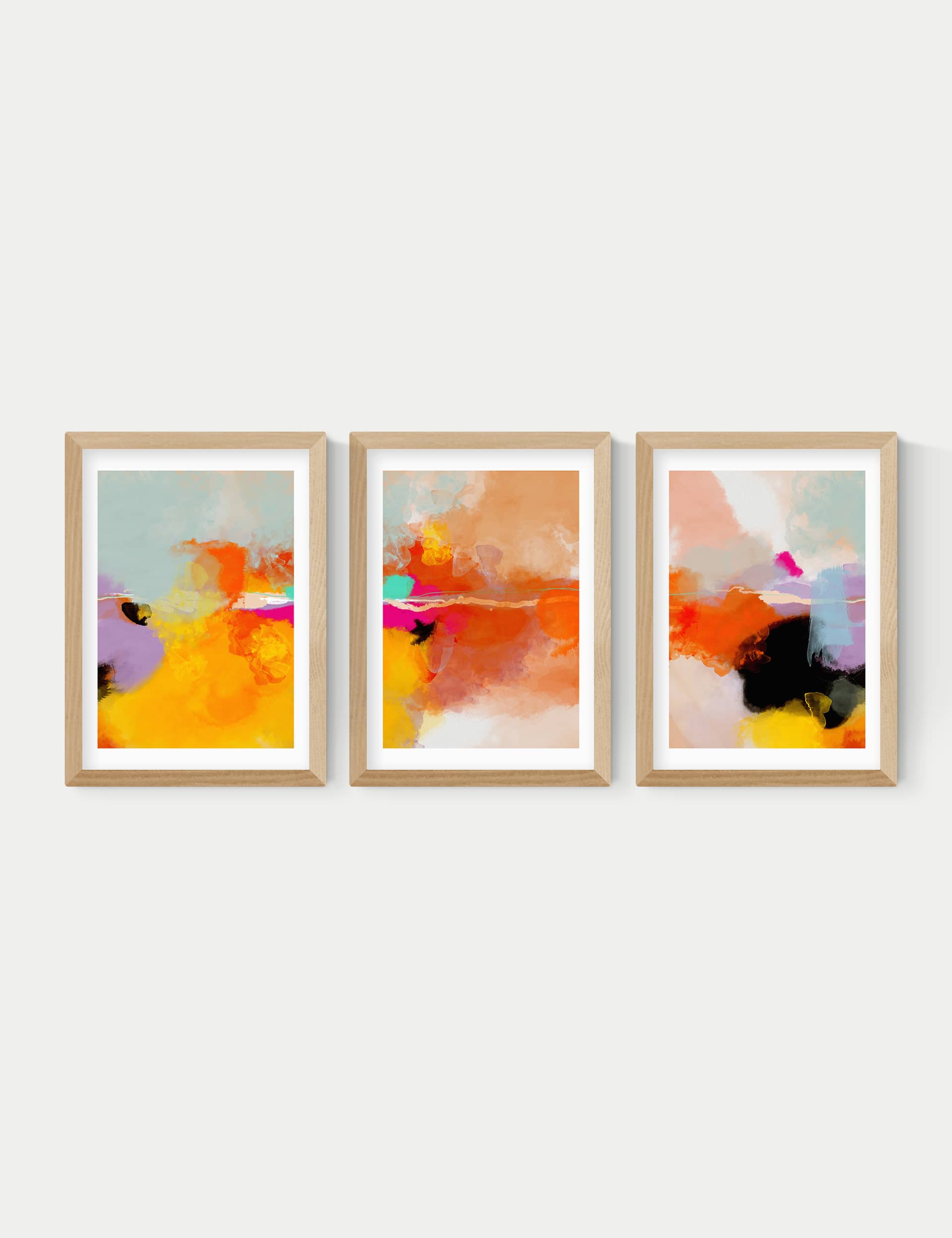 East End Prints Fire Triptych Trio Set Framed Art - A3 - Natural, Natural,Black,White