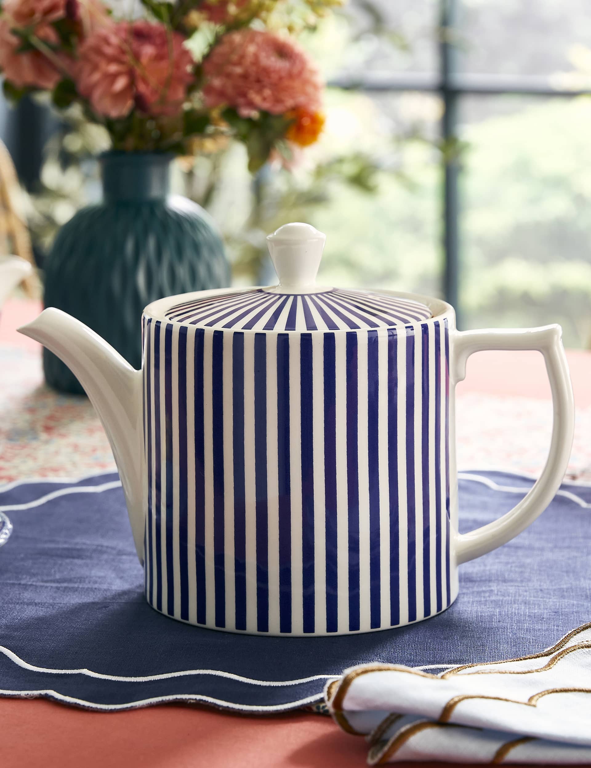 Spode Striped Teapot - Blue, Blue