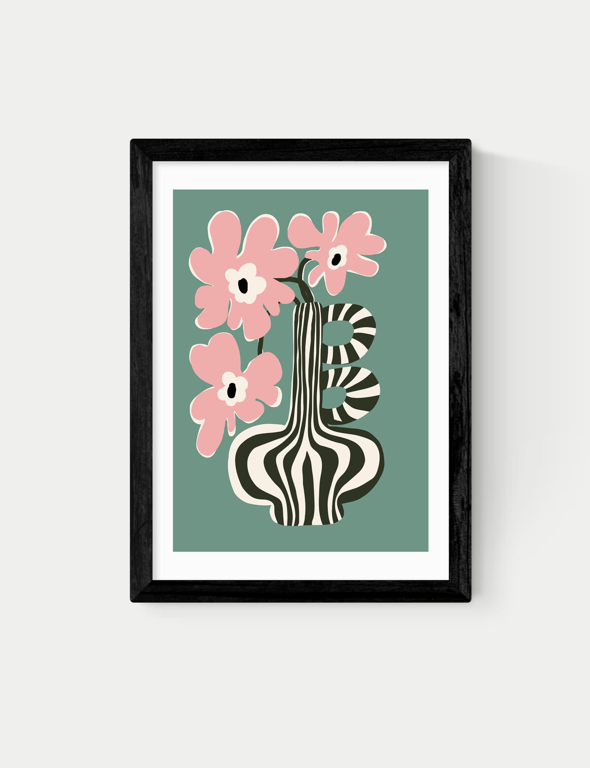 East End Prints Floral Stripe Framed Art - A1 - Black, Black,Natural,White