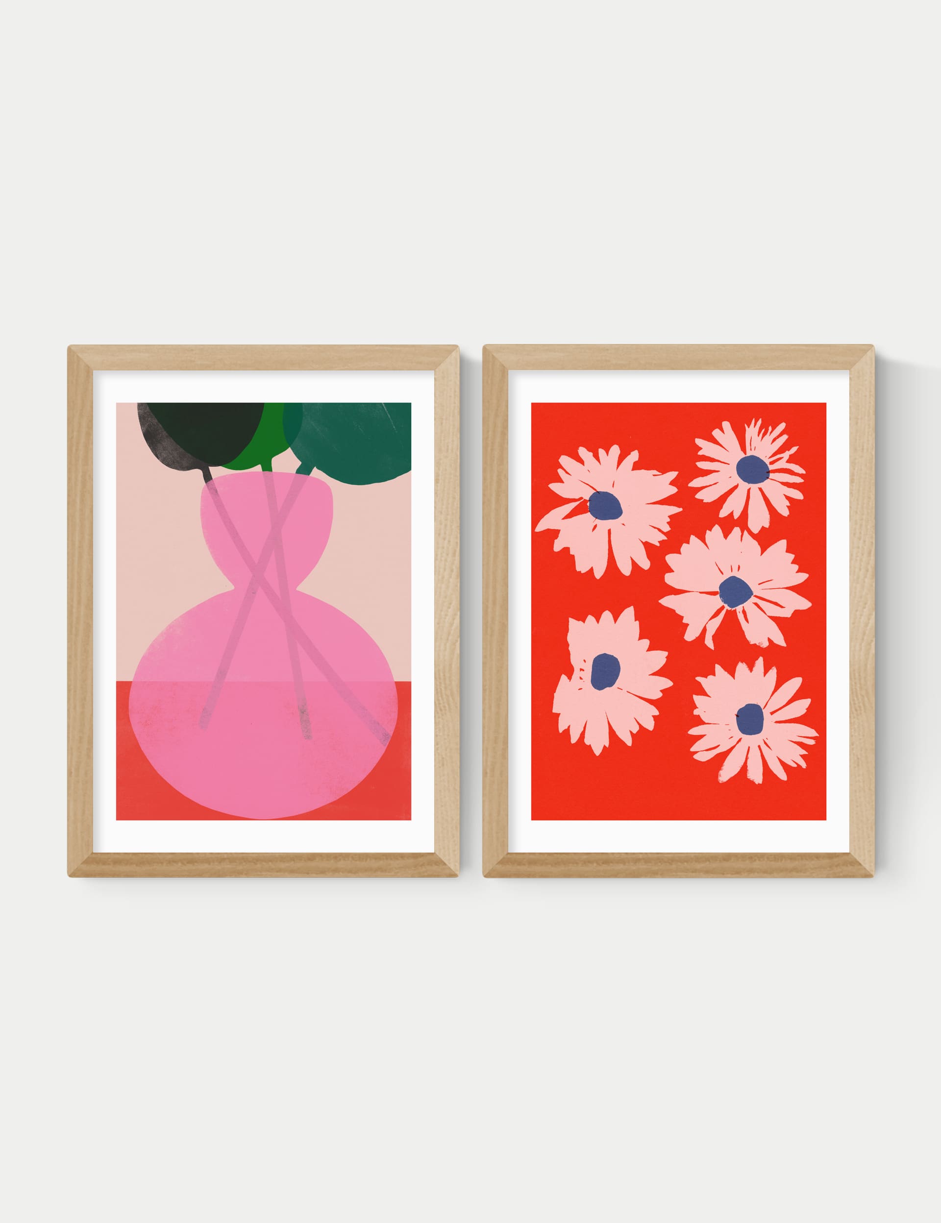 East End Prints Red & Pink Floral Twin Set Framed Art - A3 - Natural, Natural,Black,White