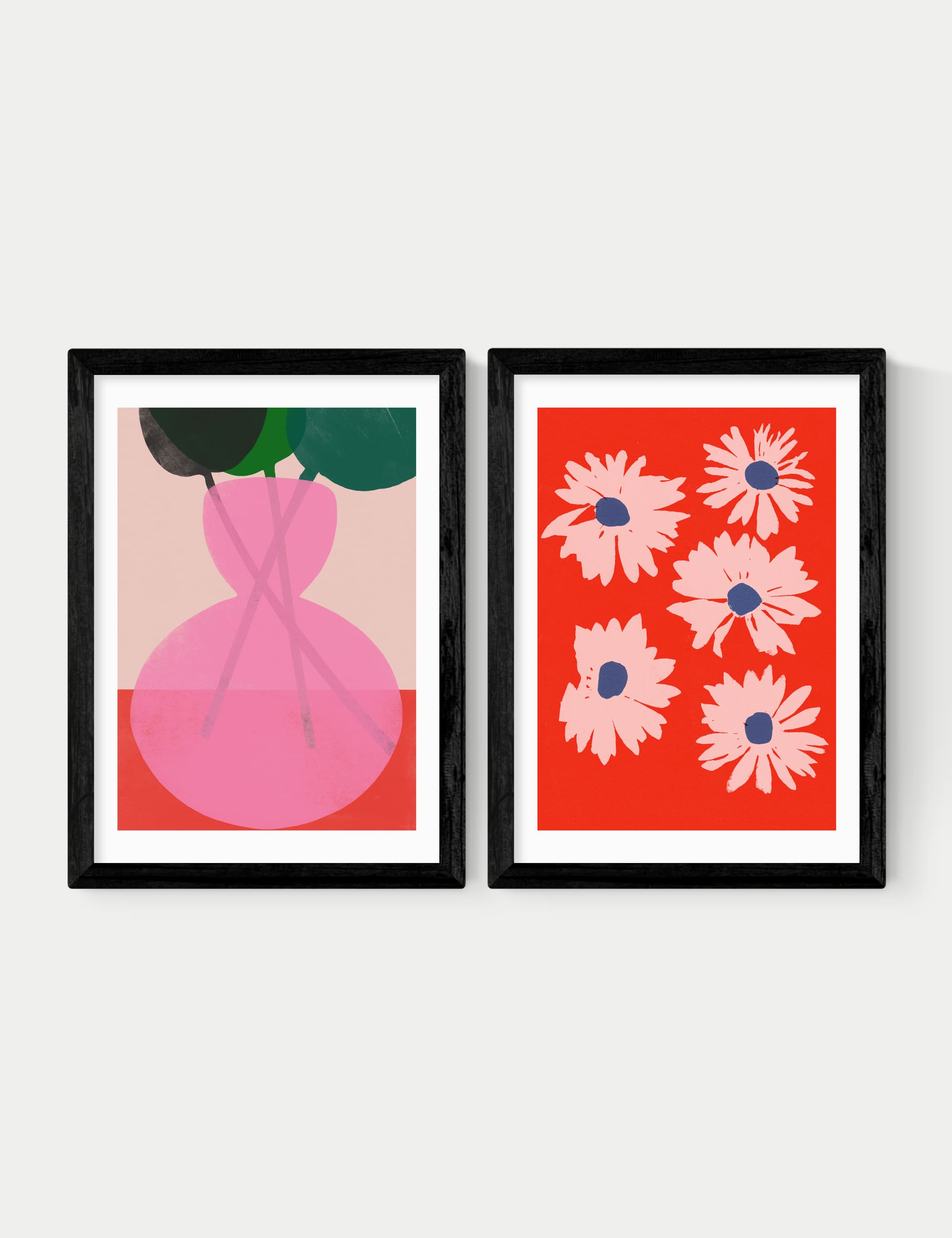 East End Prints Red & Pink Floral Twin Set Framed Art - A2 - Black, Black,Natural,White