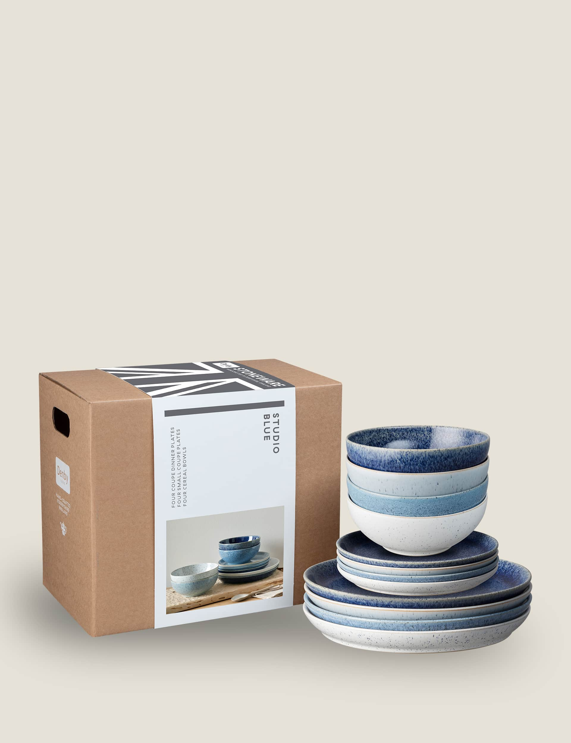 Denby 12 Piece Studio Blue Dinner Set - Blue Mix, Blue Mix