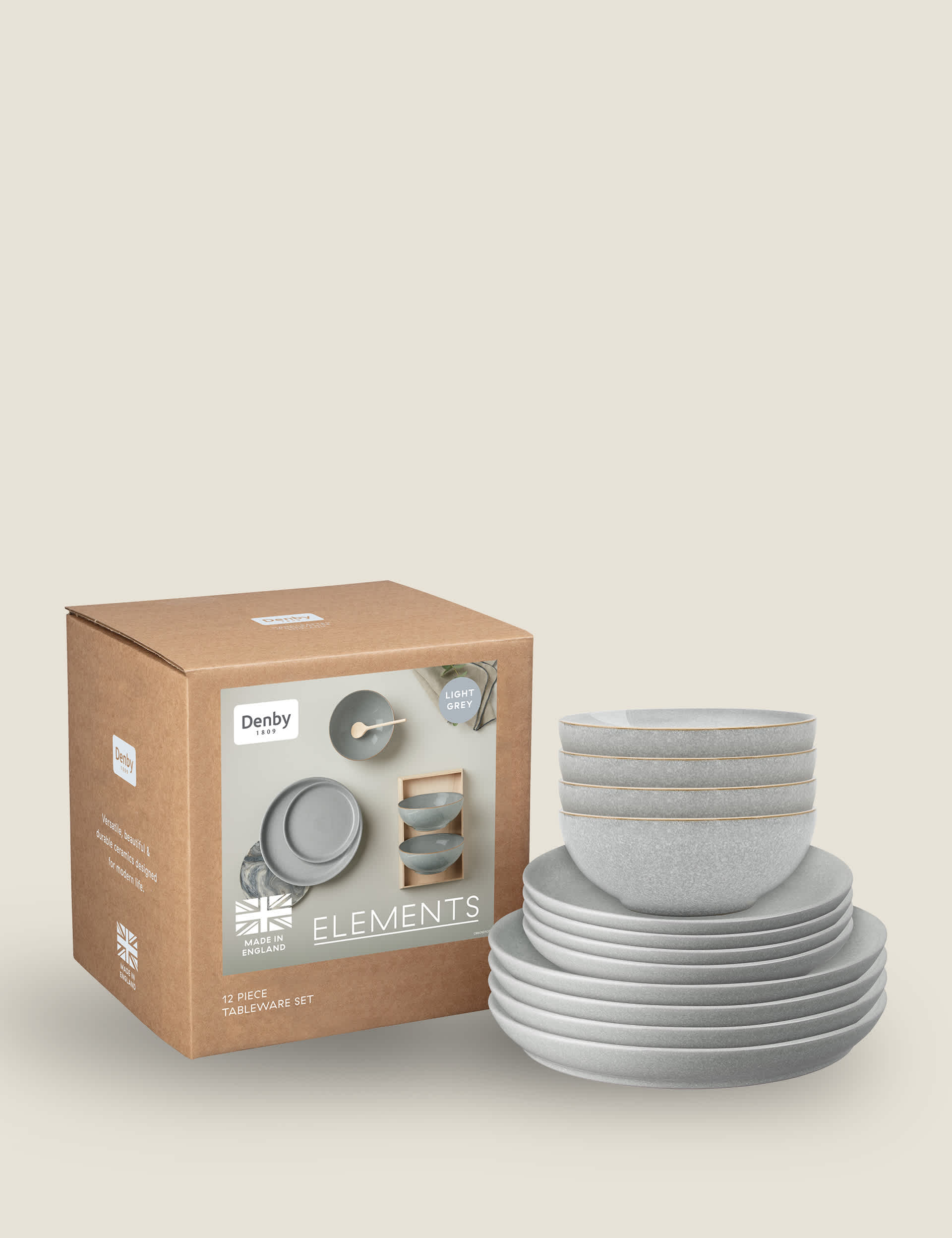 Denby 12 Piece Elements Coupe Dinner Set - Grey, Grey