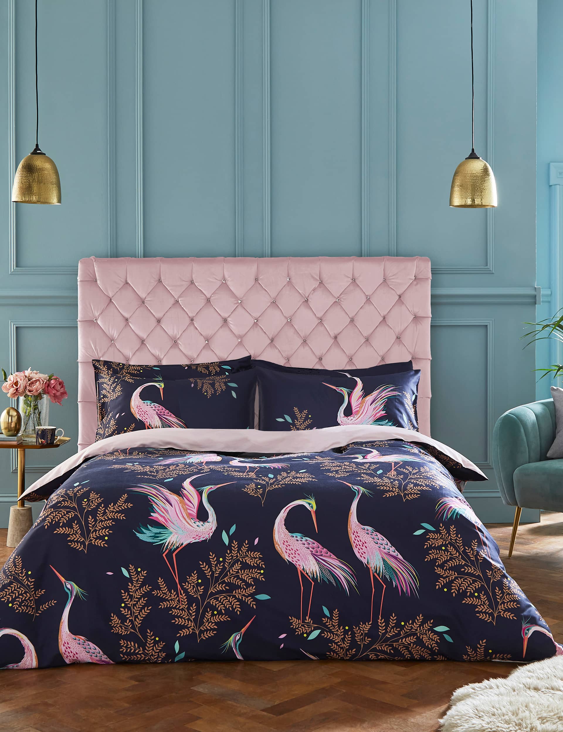 Sara Miller Pure Cotton Sateen Dancing Cranes Bedding Set - 6FT - Midnight, Midnight