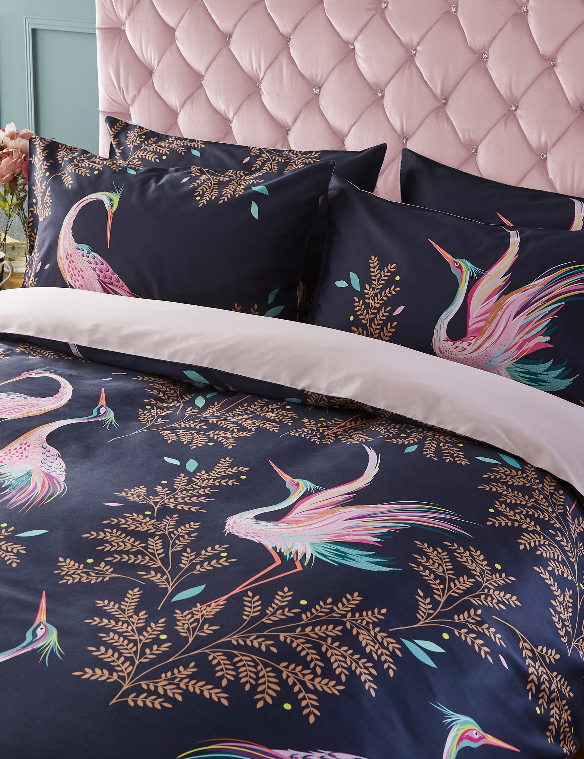 Sara Miller Pure Cotton Sateen Dancing Cranes Bedding Set - 5FT - Midnight, Midnight