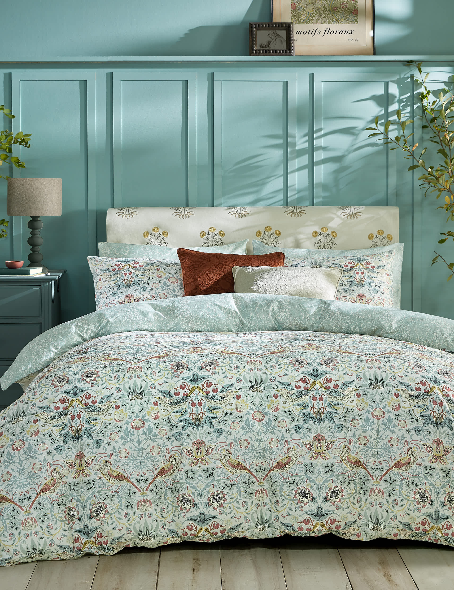 William Morris At Home Pure Cotton Strawberry Thief Bedding Set - SGL - Seafoam, Seafoam