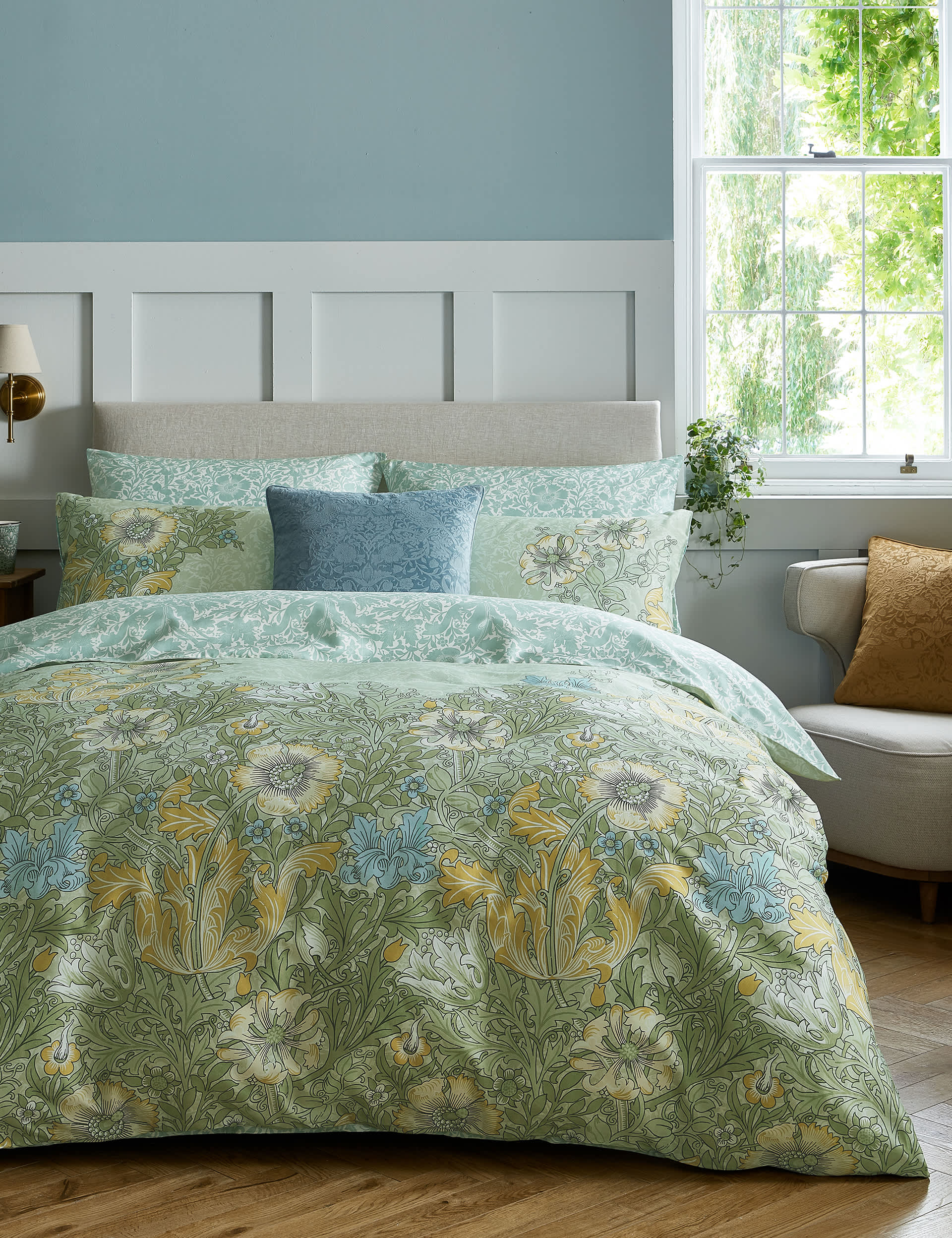 William Morris At Home Pure Cotton Sateen Compton Bedding Set - 6FT - Sage Mix, Sage Mix