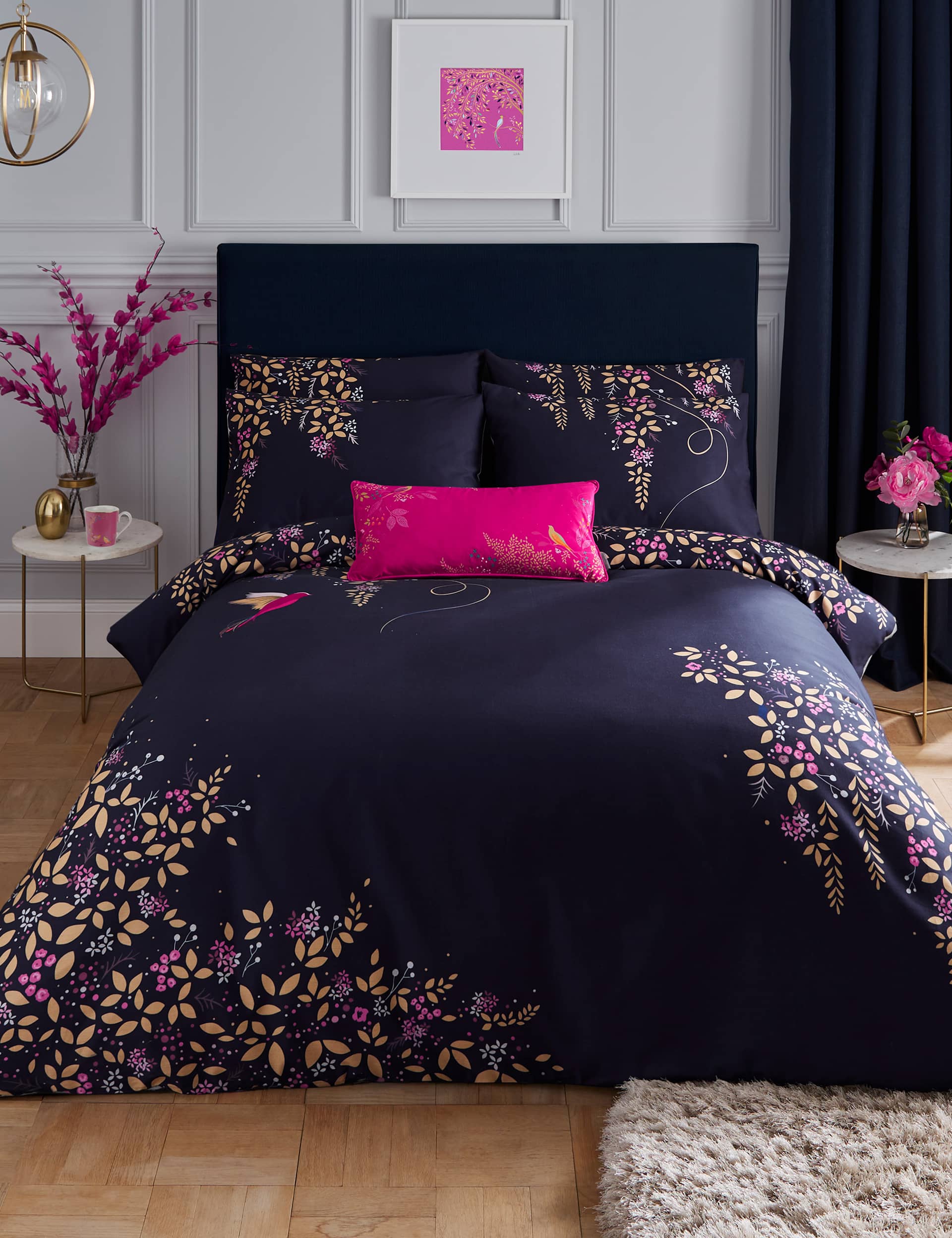 Sara Miller Pure Cotton Sateen Hummingbird Bedding Set - SGL - Navy, Navy