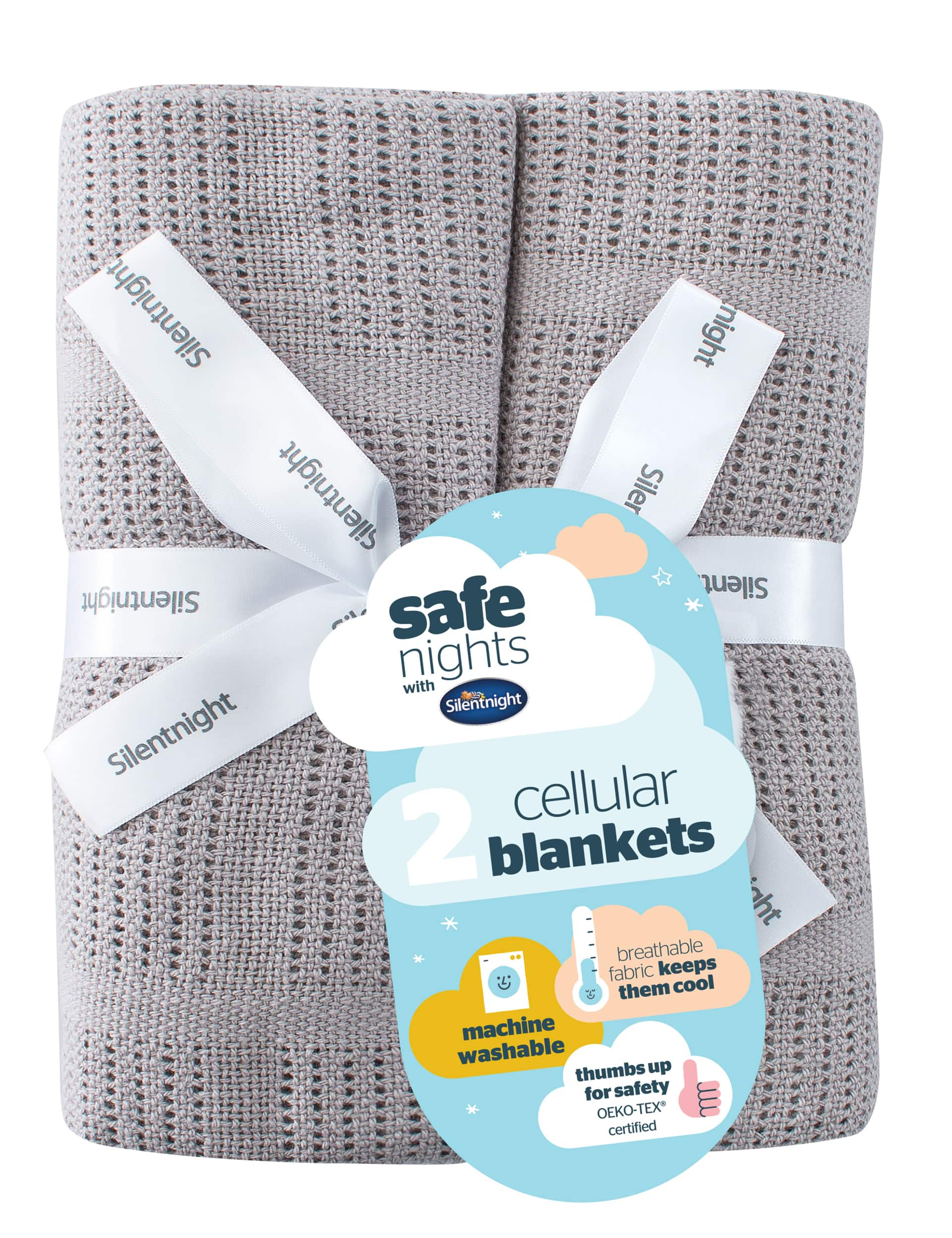 Silentnight 2 Pack Safe Nights Cellular Cot Blankets - Grey, Grey