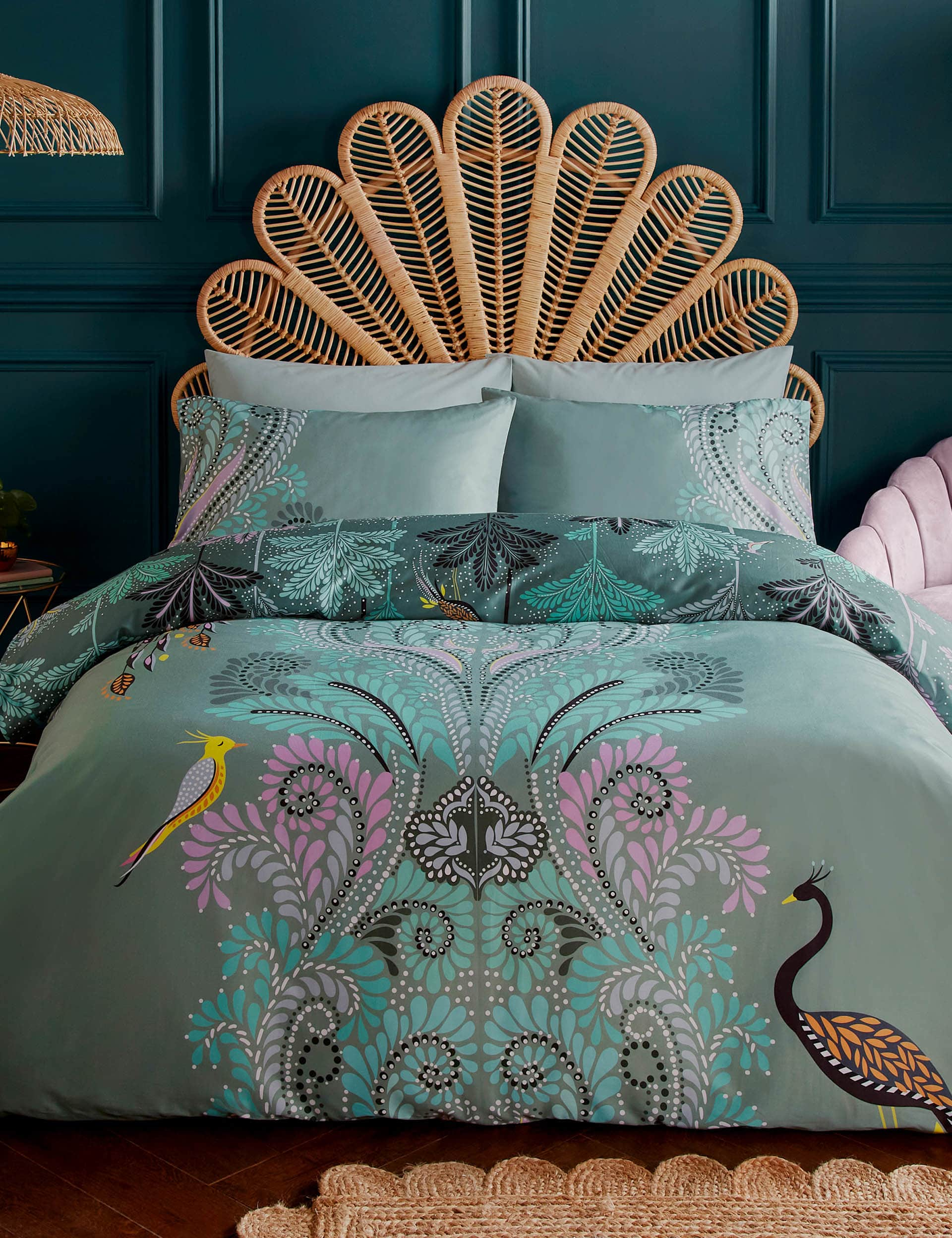 Sara Miller Pure Cotton Sateen Peacock Filigree Bedding Set - 5FT - Dark Sage, Dark Sage