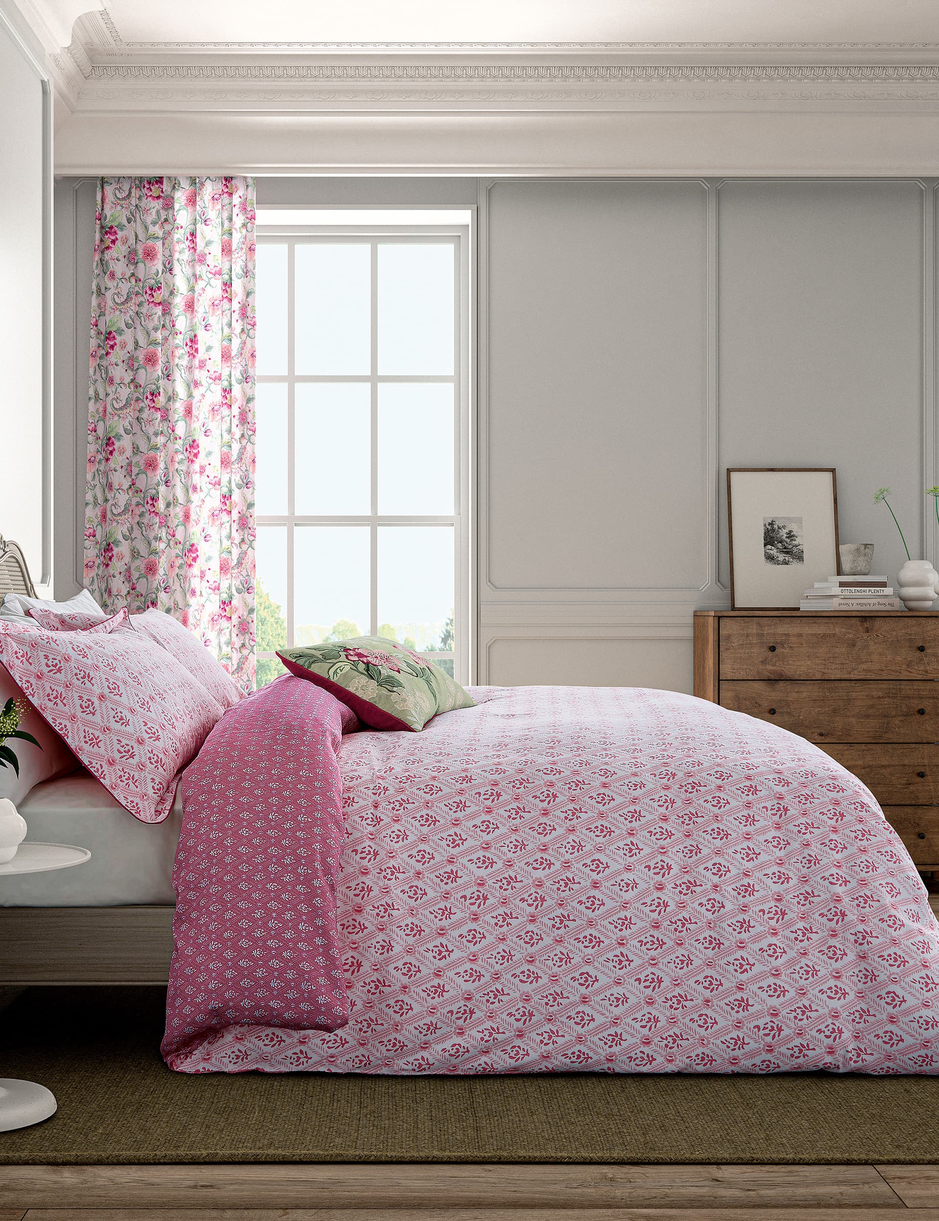 English Heritage Pure Cotton St Johns Trellis Bedding Set - 6FT - Pink, Duck Egg,Pink