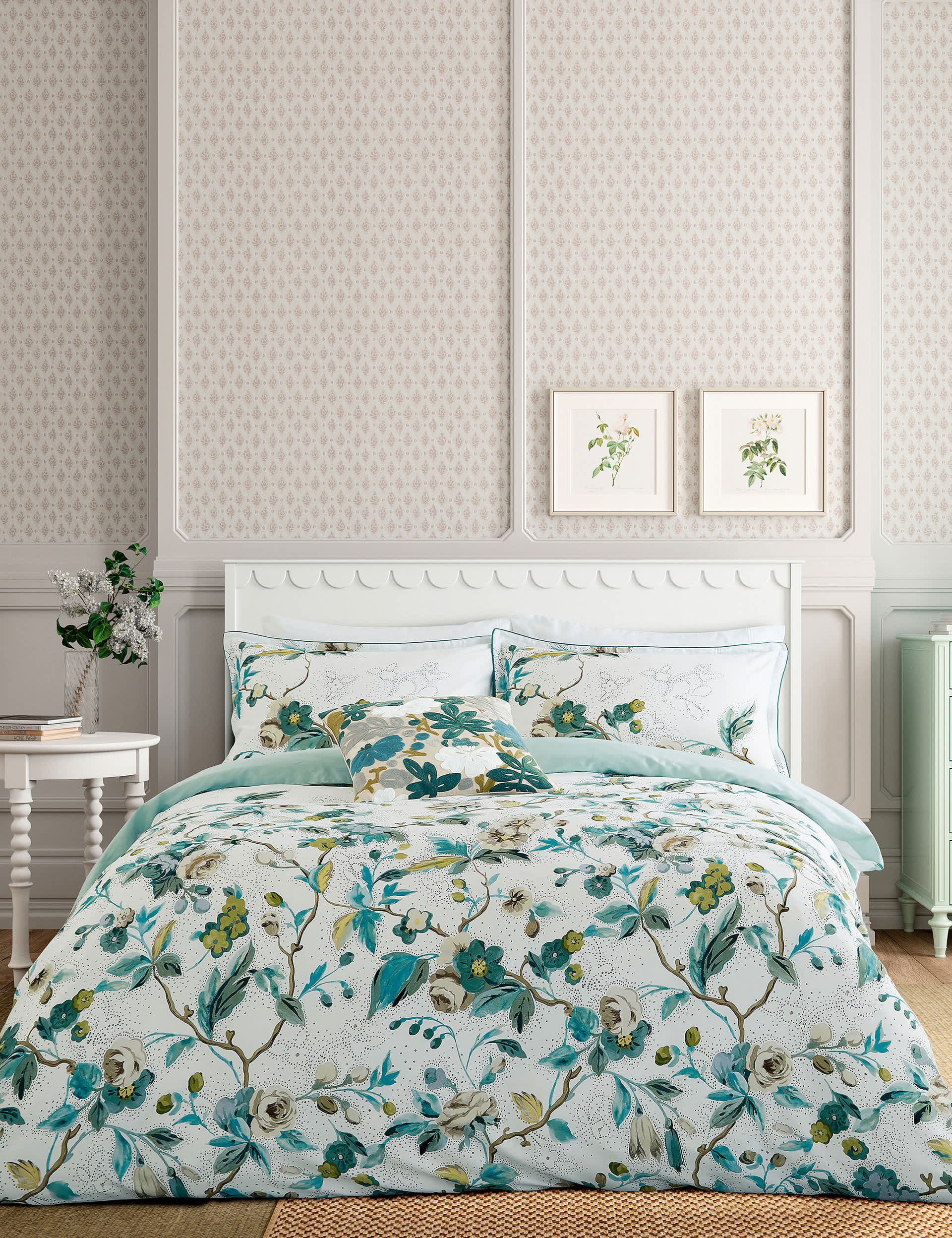 English Heritage Pure Cotton Craven Street Floral Bedding Set - SGL - Duck Egg, Duck Egg