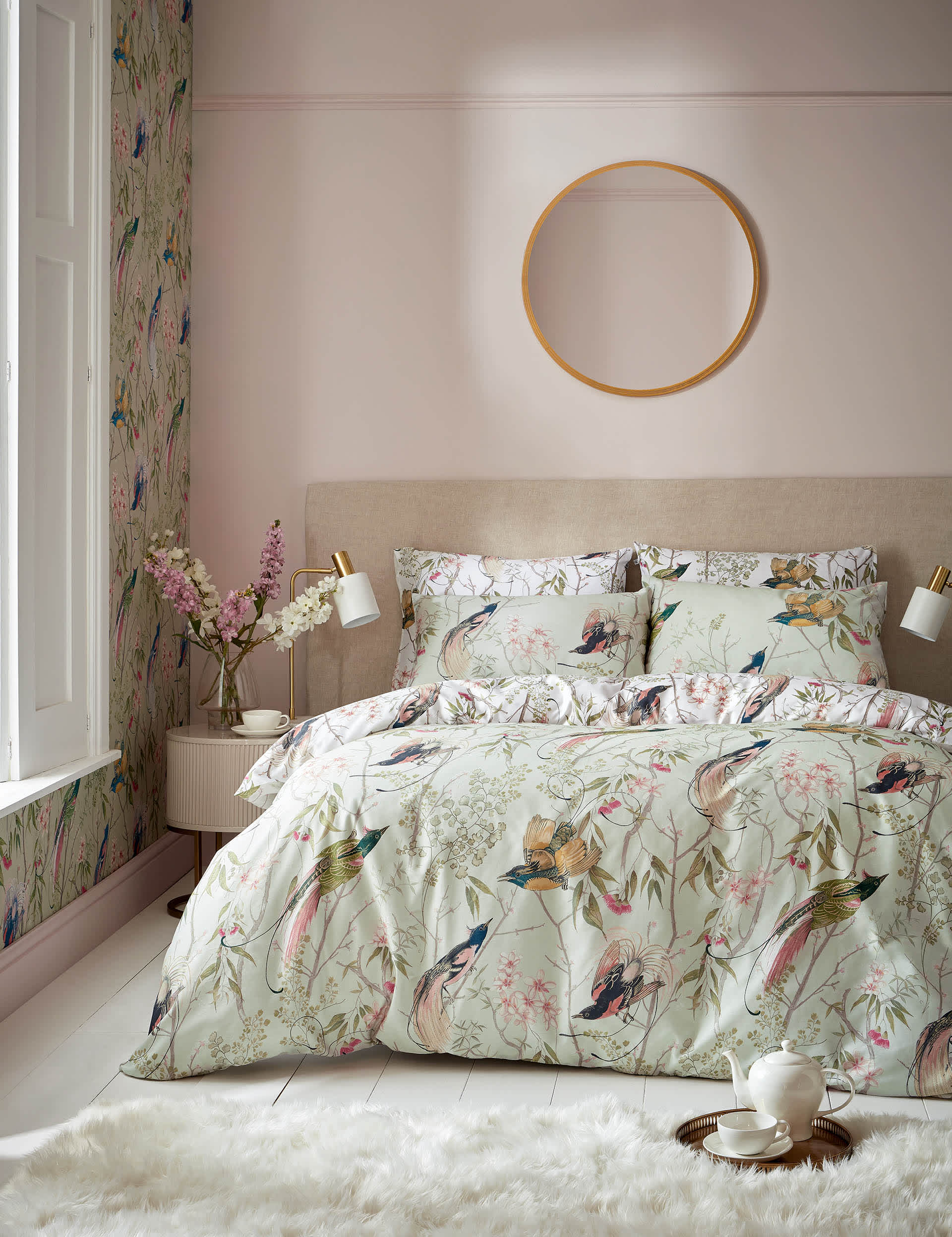 Graham & Brown Pure Cotton Sateen Clavering Birds Bedding Set - DBL - Sage, Sage