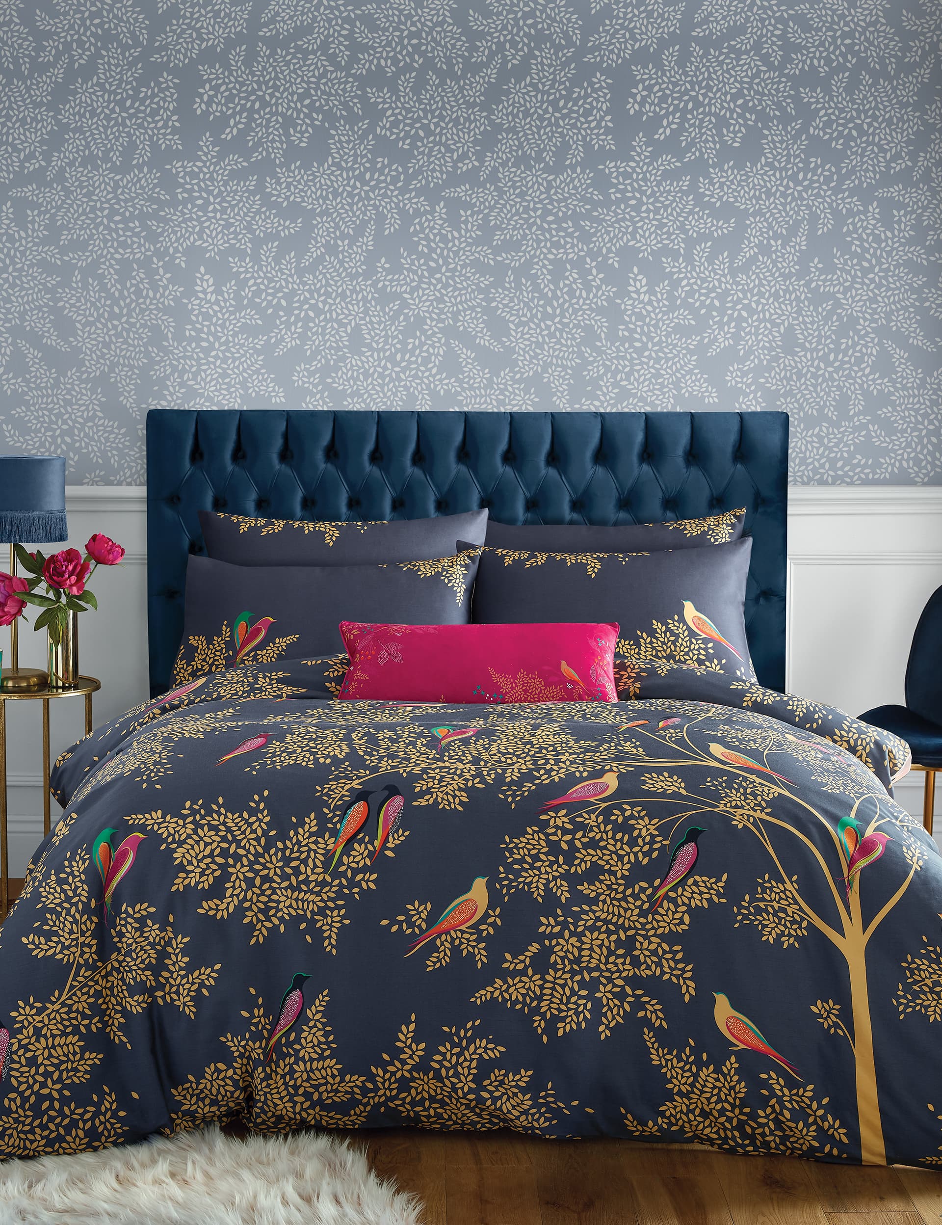 Sara Miller Pure Cotton Smokey Birds Bedding Set - DBL - Navy Mix, Navy Mix