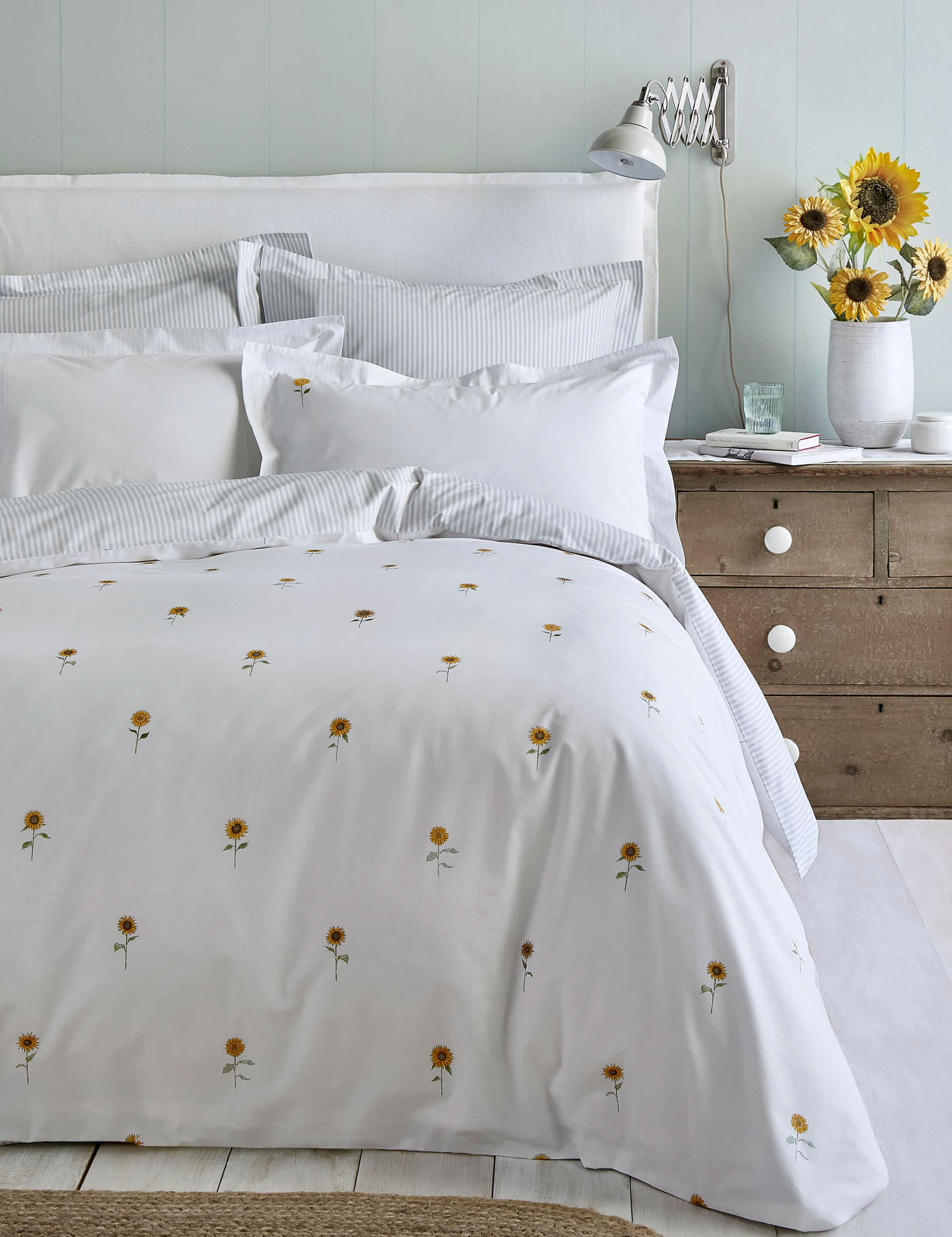 Sophie Allport Pure Cotton Percale Sunflower Bedding Set - 5FT - White, White