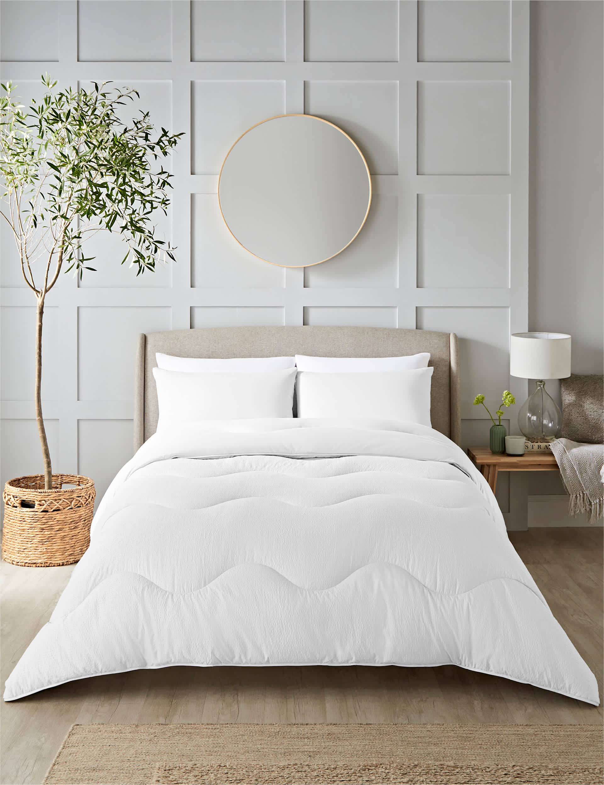 Night Lark Seersucker 4.5 Tog Coverless Duvet Set - SGL - White, White,Grey