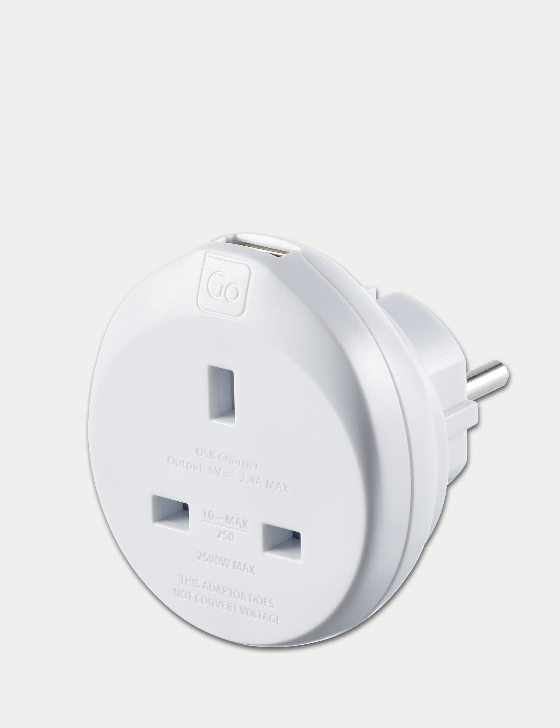 Go Travel UK-EU Travel Adaptor with USB - White, White