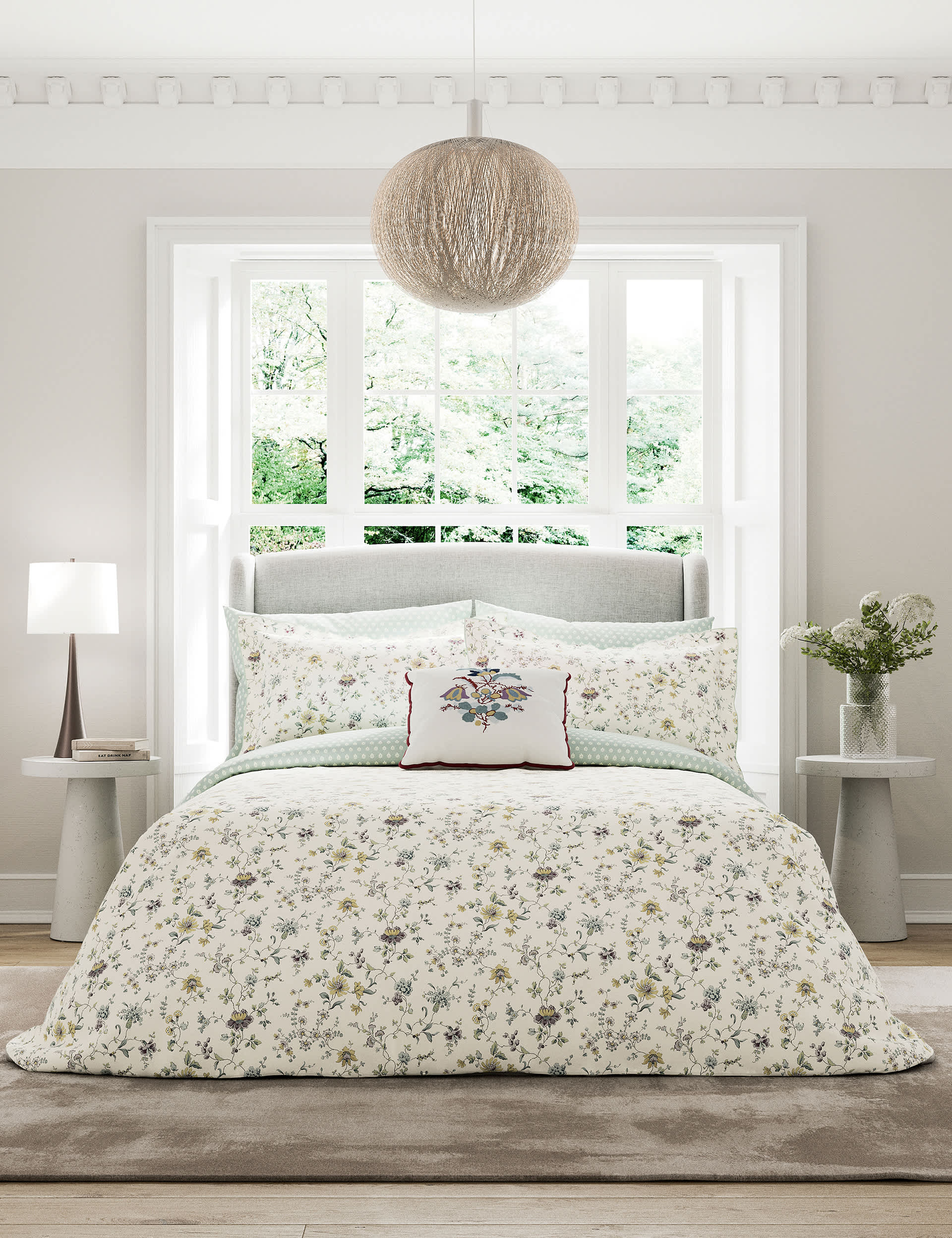 V&A Pure Cotton Flora Bedding Set - 5FT - Duck Egg, Duck Egg