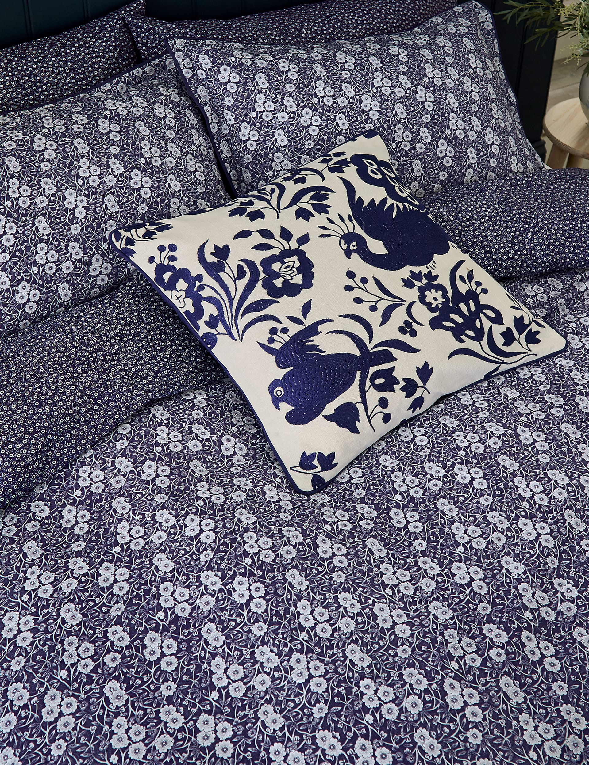 Burleigh X Bedeck Of Belfast Pure Cotton Calico Embroidered Cushion - Navy Mix, Navy Mix